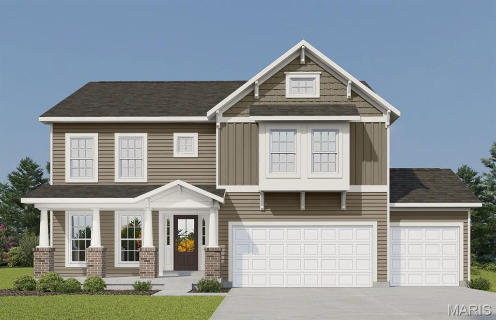 Beautiful new two-story home in The Reserve at Lakeview Farms offering 2,892 sq ft of well-designed living space. This 4-bedroom, 2.5-bath home features a versatile main level with luxury flooring throughout, including a welcoming living room, spacious family room with electric fireplace, and a separate dining area ideal for gatherings. The kitchen is designed for both style and function, featuring quartz countertops, a center island, custom two-tone cabinetry with crown molding, soft-close drawers, stainless steel gas appliances, and a walk-in pantry. The adjoining breakfast room opens to a 20x10 composite patio, creating a great flow for indoor-outdoor living. Upstairs, the primary suite includes a walk-in closet and a private bath with double vanity, soaking tub, and separate shower. Three additional bedrooms, a full bath, and a large bonus room provide flexible space for a variety of needs. Additional highlights include main-level laundry, a full basement with egress window and bath rough-in, a 3-car attached garage, and professional landscaping. Community amenities include a lake, playground, sidewalks, and common ground. Conveniently located in the Francis Howell R-III School District.