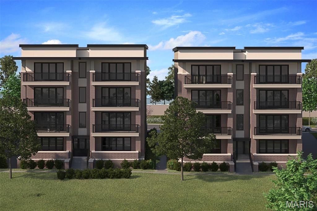New Town & Country upscale condominium floorplan by McBride Homes featuring 2BR, 2.5BA will be ready winter 2027 at Hwy 141 and 40 with 1800 sq ft of living space! 4th floor unit with black sliding glass doors and ceiling fans in the living room and primary bedroom, plus transom windows in the primary. Open concept living w/expansive ceilings & wood laminate flooring throughout entire unit. Luxury kitchen with level 6 Gaither Arid brown cabinets, quartz counters & backsplash, 30” induction cooktop, double wall oven & waterfall island w/breakfast bar. Spacious living area with a linear fireplace. Primary bedroom walkin closet, ceiling fan, private luxury bath w/dual vanities, walkin shower w/seat. Second bedroom w/ceiling fan, walkin closet & private bath. Extras include laundry rm, half bath, storage closets, and matte black plumbing & lighting fixtures. Each building is elevator-accessible w/secured lobbies, underground parking, & only two residences per floor. Renderings shown.