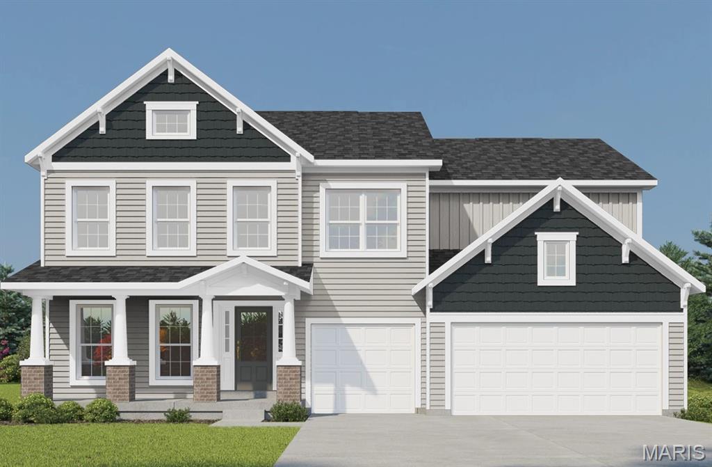 Stunning new construction by Consort Homes in the desirable Prairie Bluff subdivision, located within the highly regarded Francis Howell R-III School District. This beautifully designed two-story Craftsman-style home offers 3,215 sq ft of finished living space with 4 bedrooms, 3.5 baths, and a 3-car attached garage, situated on a nicely sized homesite. The main level features a spacious family room with an electric fireplace, ceiling fan, and window wall, creating an open and inviting atmosphere. The gourmet kitchen is thoughtfully designed with quartz countertops and sink, a large center island, stainless steel gas appliances, custom 42" cabinetry with crown molding, soft-close dovetail drawers, full-extension drawers, pendant lighting, and a refrigerator cabinet. Adjacent breakfast and separate dining rooms provide excellent options for everyday dining and entertaining. A private main-level study and half bath add flexibility and convenience, along with a main-level laundry room. The upper level offers a spacious primary suite with a ceiling fan, walk-in closet, and a luxury bath featuring a double wave-bowl vanity. Three additional bedrooms include bracing for future ceiling fans and are served by two full baths, including a shared bath with double vanity. A bonus room with ceiling fan provides additional flexible living space. The walk-out basement includes 8-foot ceilings, rough-in bath, sump pump, and remains unfinished—offering excellent potential for future living space.
