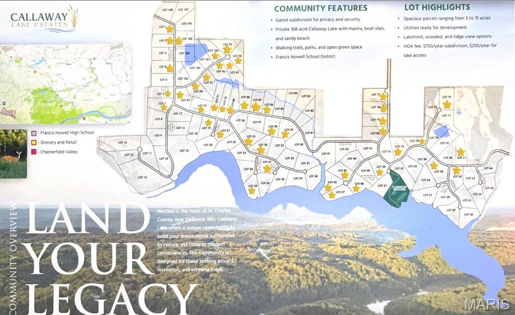 Nestled in the heart of St. Charles County near Defiance and New Melle, MO, Callaway Lake Estates offers a rare opportunity to build your dream home surrounded by natural beauty while remaining close to modern conveniences. This private community is designed for those seeking space, recreation, and long-term value. The development features 108 homesites, with 35 already sold in the first 18 months, demonstrating strong demand for acreage property in this desirable area. Welcome to Lot 27. All lots are 5+ acres and thoughtfully positioned to provide privacy, scenic views, and the perfect setting for your forever home or peaceful weekend retreat. Ownership in Callaway Lake Estates also includes shared ownership of the stunning 168-acre Callaway Lake, ideal for fishing, kayaking, and enjoying the outdoors.