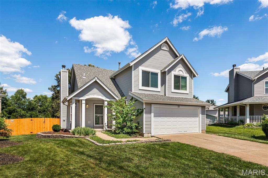 Enjoy this quiet neighborhood, with mature trees, lush yard and brand new fence around back yard.   Enter the eat in kitchen from the garage with formal dining area toward the back of the house and lots of natural light.  Enjoy Summer evenings on your private back yard deck, ideal for multi-season entertaining. Upstairs there are 3 bedrooms, 2 baths. Large main bedroom with private adjoining full bath and walk in closet. The lower level is unfinished but could make a cozy family room, play room of office. Room to expand for sure. Located on a quiet cul-de-sac, this home sits on a great street with handy access to Vance Rd, Hwy 141, and I-44 is just minutes away. Lots of conveniences nearby too: gas, restaurants, and shopping. Freshened paint throughout most of  1st floor and primary bedroom.  Home has new windows, siding, garage door, roof and gutters.
