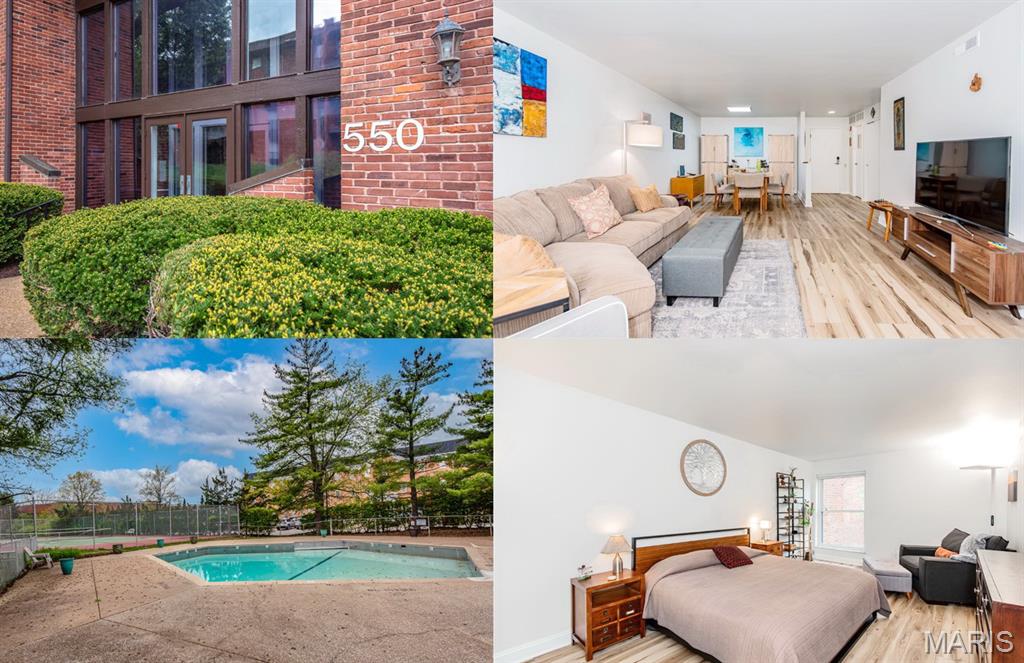 HUGE Price Drop! Discover modern style and care-free community living in the sought-after Coeur de Royale! This beautifully updated 2-bed, 2 full bath home offers newer flooring, over 1380 sqft of livable space with plenty of storage, in-unit laundry, secure garage parking, HUGE primary walk-in closet, a big private balcony, great amenities and so much more! An inviting atmosphere as you enter the foyer to the building - the elevator leads you to the unit. The open floor plan blends contemporary design with functionality - big dining area as you enter followed by the large living room. Living room area features sliding door to the balcony and lots of natural sunlight. Modern kitchen with granite countertops, great appliances, double wall oven, a pantry and has a second access to the balcony. You'll love the luxurious primary suite with a large walk-in closet and a beautiful bathroom. A versatile second bedroom can serve as a home office or guest space. Across you'll find the second full bath. Storage & utility room by the entrance of the unit, hallway has a convenient laundry space with shelving. Enjoy ample storage, a dedicated locker and an assigned garage space! Community amenities include a pool, tennis courts, and an elegant clubhouse with a kitchen, library, a sauna and BBQ grills. All this for area low association dues! Convenient to restaurants, shopping, highways, parks & Creve Coeur golf course+++ Move-in ready for YOU. Schedule your private tour today, you'll LOVE this place!