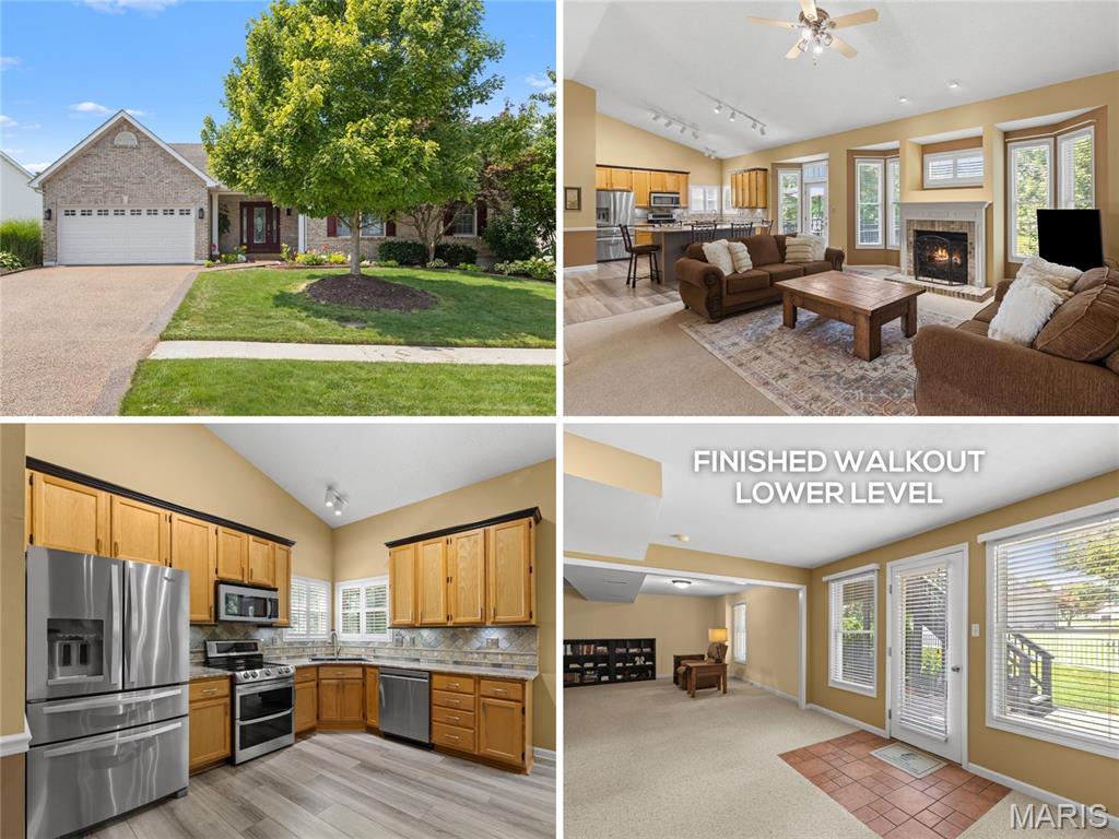 Stunning upgraded OPEN PLAN VAULTED ranch with FINISHED WALKOUT lower level and beautiful backyard - right across the street from 157-acre Wentzville Golf Club, short walk to COMMUNITY POOL and scenic trail. Elegant curb appeal with FULL-BRICK front, coordinating mailbox, covered front porch, architectural shingle roof, coach lights and GORGEOUS LANDSCAPING with irrigation. Soaring ceilings with 10-ft back wall, and wonderful natural light throughout. Welcoming great room with decorative fireplace, brick hearth and breezy ceiling fan, open to kitchen. Generous 42" wood cabinets with crown, massive CENTER ISLAND BAR seats 8, GRANITE COUNTERS, custom tile backsplash, STAINLESS APPLIANCES, smooth-top range with convection, double oven and water-resistant luxury vinyl plank flooring. Dining area bay steps out to deck overlooking peaceful yard - great for gatherings. Relaxing primary suite with bay window, dual vanity, soaking tub, separate shower and WALK-IN CLOSET. Huge 2nd bedroom with 4-ft extension. Secondary bedrooms share hall bath with granite vanity and glass-enclosed tub/shower combo. Downstairs flexible spaces include rec room with walkout to patio, GUEST QUARTERS, media/theater, plus storage. Private vinyl-FENCED BACKYARD with space to play, garden and entertain. Nonslip aggregate driveway/walk/porch. Upgraded HVAC with humidity control. WELL-MAINTAINED one-owner home. Close to Highways 70/64/61 in AWARD-WINNING SCHOOL DISTRICT, with most daily errands within 2 miles.