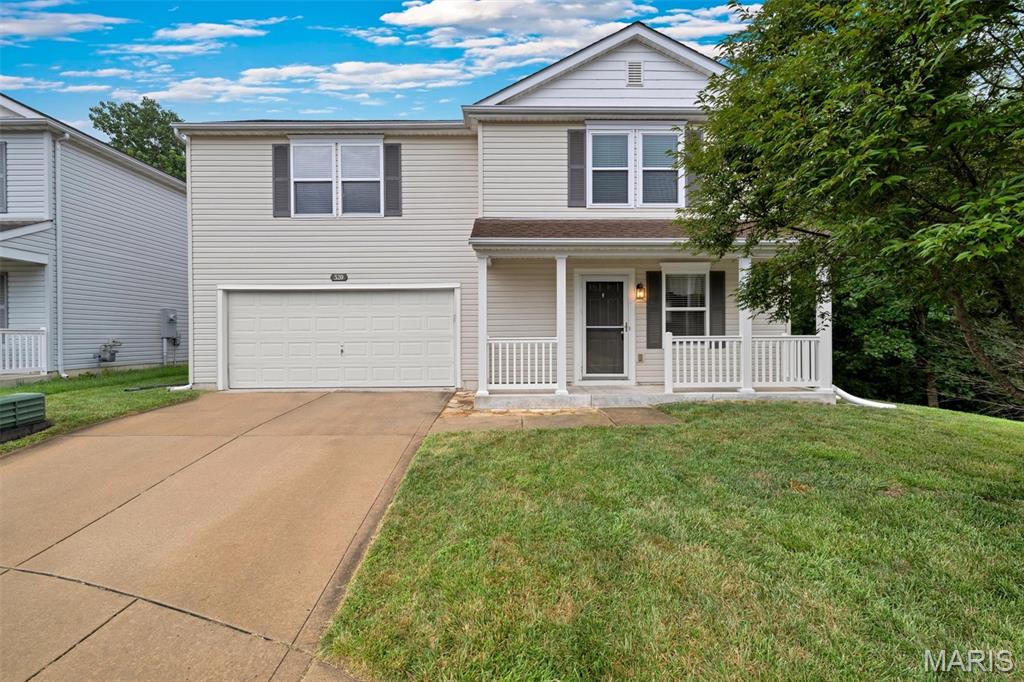 Meet Glen—a home that's been lovingly cared for and is ready to welcome its next owner. Nestled at the end of a cul de sac in a great community with pool, stocked ponds, playground, and served by the highly acclaimed Wentzville School District, this beautifully maintained 2-story offers 1,840 square feet of thoughtfully designed living space and main floor laundry! Inside, you'll find an inviting open floor plan centered around a spacious eat-in kitchen, abundant cabinet space, pantry, and breakfast room combined with a nice sized living room Upstairs, Glen offers three generously sized bedrooms, including a expansive primary suite with a private bath, plus a versatile loft that's perfect as a home office, playroom, media room, or second living area. An additional full bath complete the upper level, while the main floor also features a powder room for guests. Outside, enjoy a landscaped yard with mature trees providing a peaceful backdrop for relaxing or entertaining on the patio; oh, and through in some fishing into the mix since you'll be right next to the stocked pond! It's a lovely secluded lot!. The attached two-car garage offers plenty of room for parking and storage. Residents enjoy neighborhood amenities including a community pool, playground, and scenic ponds, all just minutes from shopping, dining, parks, and everyday conveniences. A new roof installed in 2026 provides added peace of mind, making Glen truly move-in ready and eager to welcome you home.
