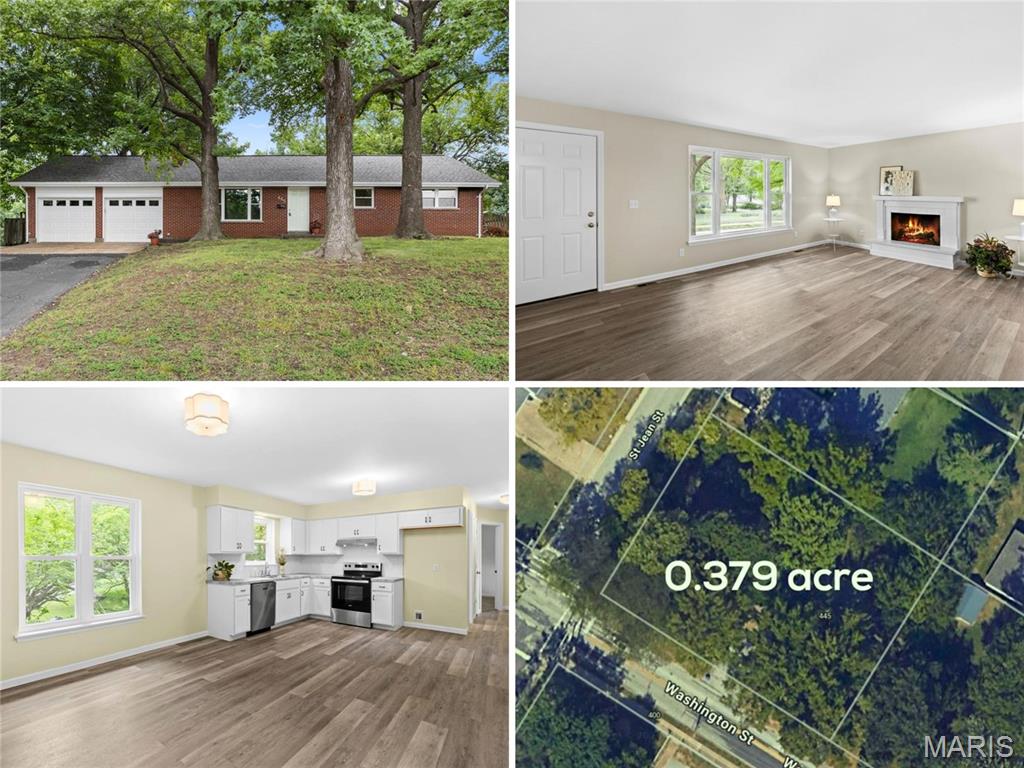 Classic brick ranch with UPDATED kitchen and baths, situated on DOUBLE LOT in highly-sought Old Town Florissant. Timeless curb appeal with red brick, architectural shingle roof, OVERSIZED 2-CAR garage and expanded driveway. Bright living room with triple window, cozy FIREPLACE with mantel, and water-resistant LUXURY VINYL PLANK flooring. Renovated eat-in kitchen with WHITE SHAKER cabinets, STAINLESS APPLIANCES, smooth-top range with vent, dishwasher and storage pantry. Step out to shady backyard with SO MUCH SPACE to garden, relax and entertain. 3 comfortable bedrooms with plush carpet. Remodeled hall bath with upscale patterned floor and tub/shower combo with subway tile surround. Downstairs full updated 2nd bath with shower, laundry area (washer and dryer stay), plus TONS OF STORAGE. Huge 0.3788-ACRE lot, across from middle school, WALKABLE TO QUAINT SHOPS and restaurants. Just 3 minutes to 13-acre BANGERT PARK (pool, playgrounds, sports and more). Near Highways 270/67/170, with most daily errands within a mile.