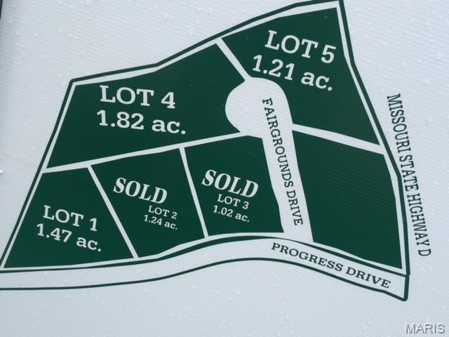 Lot 4 is 1.82 acres and list for $81,900.  Lot 4 would make for a nice office building, or it may be possible to re-zone Lot 4 for Residential and develop Senior Housing or a Residential Living Center.  It would seem to make sense with the location, etc...

The available 3.29 acres are platted as 2 separate lots - Lot 1 that fronts Progress Drive, the ball park/fairgrounds, and police station is 1.47 acres and list for $95,000; Lot 4 is 1.82 acres and list for $81,900; Both lots are contiguous and may be developed together. This property is in a great location in relation to Highway D, Missouri Baptist Hospital, the Sullivan Fairgrounds, and the Police Dept. Sullivan is a great community and this location is really worth taking a look at. Please call listing agent for additional details. Note: Lot 5 previously attached to this listing has been sold. Location: Business Park, City, Other