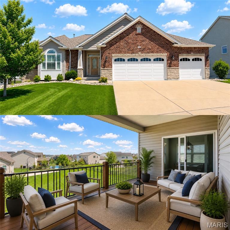 Welcome home to this beautifully maintained 3 bedroom, 2 bathroom ranch located in the highly sought after Stonemoor subdivision in Wentzville! Offering approximately 1,800 square feet of thoughtfully designed living space, this home combines comfort, functionality, and incredible future potential in one of the area’s most desirable communities. From the moment you arrive, you’ll immediately notice the outstanding curb appeal, meticulously maintained landscaping, and lush lawn that feels like carpet. Step inside to an inviting open floor plan featuring hardwood floors throughout the main living areas, soaring vaulted ceilings, abundant natural light, and a warm, welcoming fireplace that anchors the spacious living room.

The updated kitchen offers ample cabinetry, modern finishes, generous counter space, and flows seamlessly into the dining and living areas, making it perfect for entertaining or everyday living. The oversized primary suite provides a true retreat with plenty of space for large furniture, walk in closet potential, and an upgraded primary bathroom designed for comfort and relaxation. Two additional bedrooms and a full hall bath offer flexibility for family, guests, or a home office setup.

One of the standout features of this home is the incredible outdoor living space. Enjoy peaceful mornings or relaxing evenings on the inset covered deck overlooking the backyard, while the covered patio below creates an additional entertaining area with endless possibilities. The backyard is beautifully maintained and provides plenty of room for recreation, pets, or future landscaping additions.

The unfinished lower level offers exceptional opportunity for future expansion and instant equity. With a rough in bathroom already in place and an ideal layout for two additional bedrooms plus a large recreation or entertainment area, the basement is perfectly set up for someone wanting to significantly increase finished living space while customizing it to their needs.

Located in the amenity rich Stonemoor community, residents enjoy access to neighborhood pools, playgrounds, basketball courts, walking areas, and a very active HOA that hosts community events and activities throughout the year. Conveniently located near shopping, restaurants, schools, parks, and easy highway access, this home truly offers the perfect blend of neighborhood lifestyle and everyday convenience.