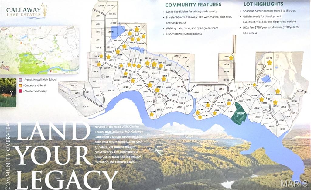 Nestled in the heart of St. Charles County near Defiance and New Melle, MO, Callaway Lake Estates offers a rare opportunity to build your dream home surrounded by natural beauty while remaining close to modern conveniences. This private community is designed for those seeking space, recreation, and long-term value. The development features 108 homesites, with 35 already sold in the first 18 months, demonstrating strong demand for acreage property in this desirable area. Welcome to Lot 3. All lots are 5+ acres and thoughtfully positioned to provide privacy, scenic views, and the perfect setting for your forever home or peaceful weekend retreat. Ownership in Callaway Lake Estates also includes shared ownership of the stunning 168-acre Callaway Lake, ideal for fishing, kayaking, and enjoying the outdoors.