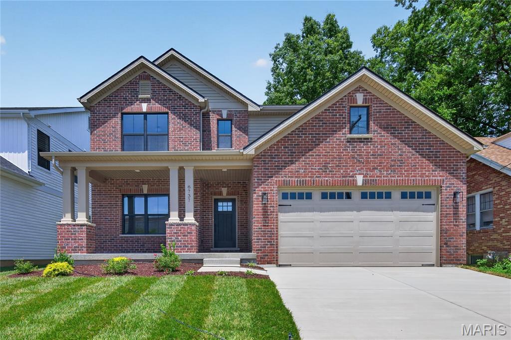 Move In Ready!  Stunning, new construction in Brentwood by Renaissance Living. This on-trend 2 story features 5 bedrooms, 3.5 bathrooms and 3,573 sq ft of open living space. The curb appeal is impressive with brick, vinyl siding, large front porch, architectural shingles, coach lights, 8 foot tall carriage style garage door with opener, full yard sod and landscape. The main floor is spacious with 9 foot ceilings, luxury vinyl plank flooring, 5.25 base trim, gas fireplace, side staircase design, wrought iron spindles, ship lap accent at stair wall, Great Room window wall, Dining Room/Office with beamed ceiling, 48 inch cabinets with crown and hardware, island with seating bar, quartz countertops, stainless steel KitchenAid appliances, gas range, walk in pantry, boot bench at the Owners Entry and more. The upstairs features 4 spacious bedrooms, tray ceiling in the Primary Bedroom, raised height double bowl vanity, custom tile shower, frameless shower doors, soaking tub, walk in closets in 3 of the bedrooms and convenient second floor laundry. There is luxury vinyl plank flooring in the upstairs hallway and Primary Suite. Additional features include dual High efficiency HVAC,  50-gallon water heater, R 38 ceiling insulation and a 17x14 covered patio with beadboard ceiling. The garage has full drywall, tape and paint. The finished lower level has a tall pour and provides a Family/Recreation Room, Bedroom with egress and full bathroom. Students will attend sought after Brentwood schools. Enjoy easy access to restaurants, shopping and services. There is easy access to Highway 40/61 and Lambert International. Put this on your must-see list!