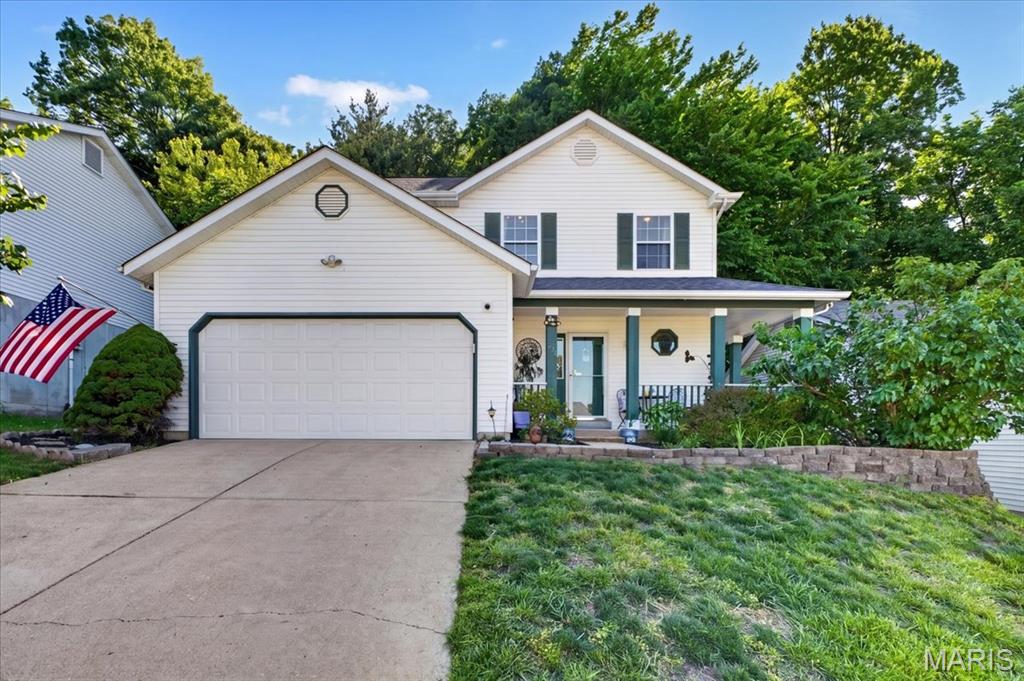 Two story home in a great neighborhood with open floor plan and lots of updates! The spacious living room has wood laminate flooring, a large bay window, recessed lighting and breakfast bar adjoining the eat-in kitchen. The kitchen features white cabinetry with newer countertops (2022), stainless steel appliances (2021) including a gas range, tile backsplash, vinyl flooring and bay window with a glass slider that leads to a very private back yard. Enjoy the seclusion and wooded views on the two paver patios with lush landscaping surrounding you. Upstairs are three bedrooms and two full baths, including a large primary suite with extended bath vanity and plenty of closet space. Enjoy the finished lower-level family room with glass-block windows and full bath with shower. HVAC new in 2025. Roof approx. 9 years old. Living room and bedroom flooring new in 2022. Kitchen refrigerator, washer/dryer, 3 mounted TVs and murphy bed in second bedroom to stay!