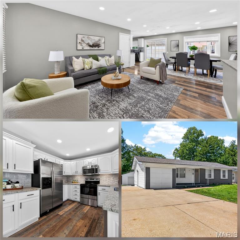 Stunning 4 bedroom 2 bath home with approximately 1700 sq feet of Newly Remodeled living area. This home has a stunning open floor plan with newer luxury laminate plank flooring and carpet throughout, contemporary recessed lighting, custom kitchen cabinets with gorgeous tile backsplash, beautiful granite countertops, and new appliances. Both bathrooms are tastefully updated. Lower level is professionally finished with additional living area and additional room for extra storage or additional sleeping area. Maintenance-free Vinyl sided exterior with double-pane thermal windows for energy efficiency. Total 3 car garage parking with attached 1 car garage and additional 2 car detached garage with plenty of room for extra storage, massive workshop, or a mancave. Very rare! Theres nothing in this price range with a 3 car garage. Don't miss this rare opportunity, it's a show stopper!