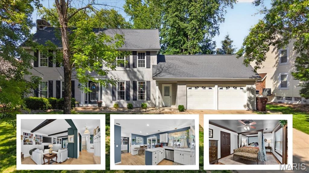 Back & better than ever! BRAND NEW ROOF to be installed prior to closing! Welcome to 9 Carriage Way West, where your saved boards & inspiration posts on social come to life. All you need to do is move in to this charming 4-bedroom, 2.5-bath 2-story home in the highly sought-after Drovers Crossing subdivision! This is where classic curb appeal and a shaded front yard meet thoughtful design and flow. Step inside to an entryway that immediately sets the tone, showcasing a striking black staircase with a modern patterned runner and a functional board-and-batten drop zone for bags and coats. This transitions effortlessly into the expanded, beam-ceiling living room—a show-stopping space anchored by a gas fireplace and a full wall of white built-in shelving and cabinetry. Deep moody accent walls and new warm bamboo floors make this giant room feel incredibly cozy, whether you're hosting a crowd or curled up for a movie night. Just beyond, the huge sunroom opens onto a large patio and a fully fenced, tree-canopied backyard with plenty of space to play, run, and host summer BBQs. Spacious kitchen w/white cabinetry, stainless appliances, built-in breakfast nook AND new coffee bar space offering room to spread out & storage galore! Don't miss the formal dining space or flex room adding functionality for your lifestyle. A refreshed powder room & spacious main floor laundry/mud room w/utility sink & exterior access complete the main level! Upstairs, you'll find a serene primary retreat w/spacious ensuite ft. sep shower & tub and dual sinks! 3 additional bedrooms, a full bathroom & window seat complete the 2nd level! The unfinished lower level offers all the future expansion space you could ever need, plus an attached 2-car garage. 1-year Choice Ultimate Home Warranty included too!! Everyday life is incredibly convenient here, just minutes from sunny days at The Cove Aquatic Center, workouts at the Rec-Plex, or playground visits & fishing outings at Laurel Park. In the Ft. Zumwalt School District, this home is the one you've been waiting for! Schedule your showing today!