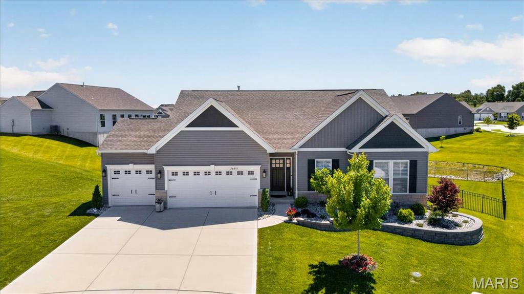 This nearly NEW RANCH home, built in 2023, offers excellent space and modern living in one of the area’s most desirable, developing, neighborhoods, Providence Estates. STUNNING 3 bedroom, 2 full bath home featuring 1,814+/- SqFt, 9’+/- ceilings & luxury vinyl plank “wood like” flooring through-out (except primary bath). Covered front porch greets you as you step inside the entry foyer. Living room boasts 14’+/- vaulted ceiling, floor-to-ceiling stone gas fireplace & a wall of windows w/plantation shutters allowing plenty of natural light. Fabulous, eat-in kitchen offers custom 40” cabinetry, center island w/breakfast bar, Whirlpool stainless steel appliances, Quartz countertops/backsplash, walk-in pantry & sliding glass walk-out to deck. Primary suite with tray ceiling, plantation shutters & ensuite full bath with vinyl "tile like" flooring, shower w/sliding doors, double single sink vanity & large walk-in closet. Other 2 bedrooms with fold closets, ceiling fans & share hall bath with a shower/tub & single sink vanity. Laundry room completes the main level. Unfinished, walk-out, lower-level has great potential for additional living space just awaiting your finishing touches w/8’+/- ceilings & roughed-in full bath. Outside, enjoy an AWESOME level/gently rolling lot with a fully fenced-in backyard, NEW composite deck, NEW flagstone/brick patio, NEW covered pergola, NEW flagstone/brick fire pit, NEW landscaping, etc. & a 3-car attached garage. Country living just minutes from Wentzville amenities and easy access to HWY 70 and within the Wright City School District. SCHEDULE YOUR SHOWING TODAY! :)