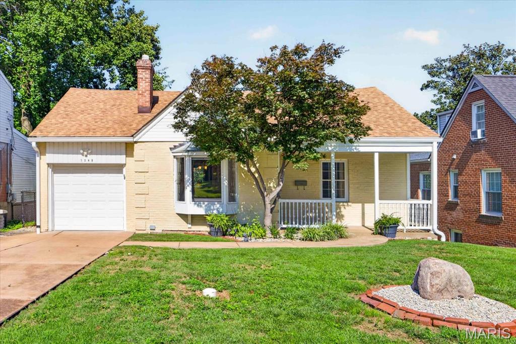 1349 Andrew Drive is nestled in a desirable Glendale neighborhood and offers 2,000 square feet of total living space. Located in the award-winning Kirkwood School District and just minutes from shopping, restaurants, and everyday conveniences, this home combines charm, functionality, and location. A welcoming front porch leads into the living room, which features a bay window, a fireplace, and beautiful hardwood floors that continue through the dining room and two front bedrooms. The updated kitchen is designed with both style and function in mind, offering quartz countertops, stainless steel appliances, a tile backsplash, and wood-stained cabinetry. Expanded over the years, the thoughtful rear addition features bamboo floors and includes a primary suite with a walk-in closet and private full bath, along with a large flex room perfect for a home office, playroom, or den.  Recent improvements include a new roof, gutters, downspouts, leaf guards, siding, and carpeting (June 2026), making this home truly move-in ready. The finished lower level offers a huge recreation room with walk-out access to the backyard, creating ideal space for entertaining, relaxing, or everyday living. An unfinished storage area with laundry provides excellent storage and future expansion potential. The backyard also includes a storage shed and plenty of room to enjoy outdoor activities. Passed Glendale municipal inspection.