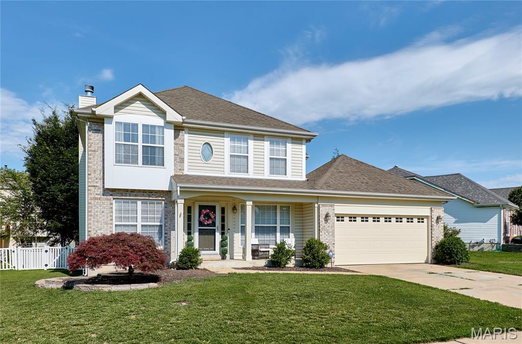 This beautiful 2 story is turnkey ready and conveniently located in the Winghaven Community, between Hwy 364 and Hwy 40/64 and close to major employers like Mastercard and Citi. This home has been thoroughly updated since 2023 and is perfect for entertaining. Entering the front door, you have a refreshed foyer with a beautiful staircase and open to the living and dining rooms. Down the short hall is an updated half bath. The updated kitchen features granite countertops and a coffee bar, and the adjacent breakfast room has a bar window bump out to the backyard. The family room is spacious with a gas fireplace and has a large bay window bump out as well. You also have a mud room from the garage entrance which leads to the main floor laundry. On the second floor you have a primary suite with a coiffured ceiling and an additional A/C window unit. The primary bathtub features a separate shower and tub for relaxing, with a double sink vanity and walk in closet. The additional three bedrooms are good sized and two have walk-in closets. There is also a second full bath upstairs. In the basement, you have a finished office with glass French doors, a rough in, and lots of storage space. The level backyard is fenced with a large patio and the property also includes a sprinkler system. This home comes loaded with recent updates, including waterproof laminate floors throughout the entire first floor and upstairs bedrooms. You’re close to all the Winghaven amenities, including the golf course and dining, and are within walking distance of Crossroads Elementary School in the Wentzville School District. Come see all the great features in person!