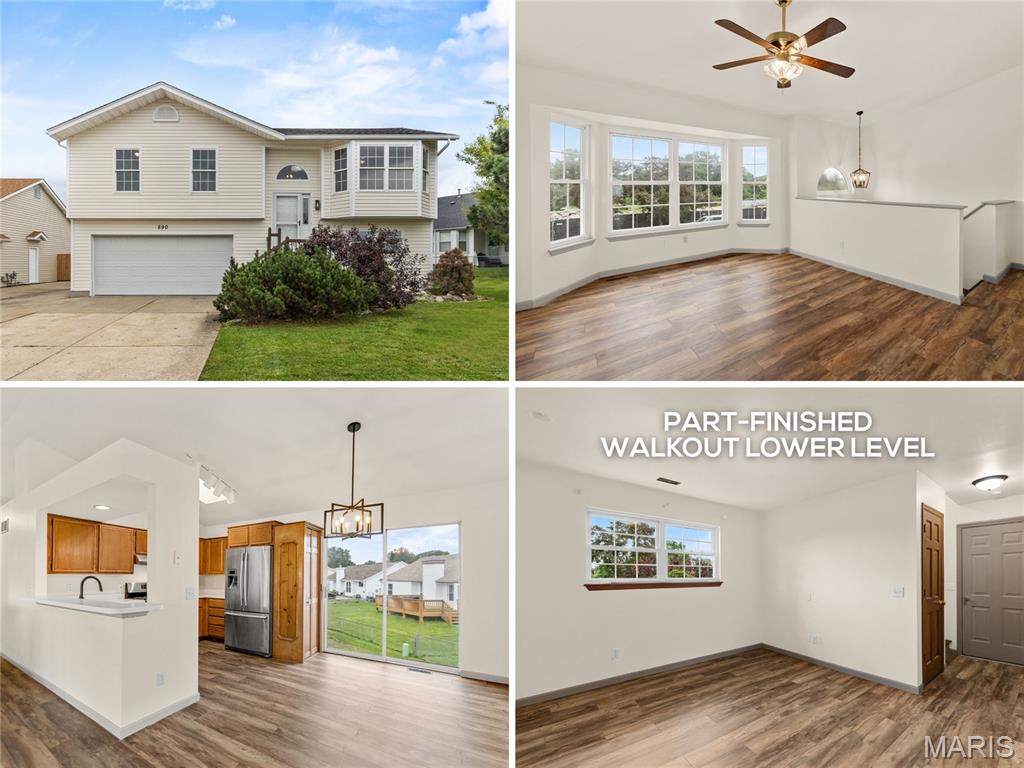 Renovated, MOVE-IN READY split foyer with VAULTED OPEN PLAN, walkout lower level and bonus room, just steps to 10-acre Duchesne Park. Fantastic CURB APPEAL includes new 2025 siding/gutters/roof, renovated front porch, grid windows, tuck-under OVERSIZED 2-CAR GARAGE (newer opener) and expanded parking pad. Soaring 2-story entry foyer with arched window and leaded glass sidelite, steps up to vaulted living room with quad BAY WINDOW and breezy ceiling fan. FRESH PAINT and new water-resistant LUXURY VINYL wide plank flooring throughout - not a stitch of carpet! OPEN CONCEPT living/dining/kitchen with updated light fixtures. Generous wood kitchen cabinets, SKYLIGHT, pass-thru bar, new STAINLESS appliances, gas range with front controls, overhead vent, dishwasher, refrigerator stays. Space to add a deck outside dining room sliding doors. Upscale wood panel interior doors. RELAXING PRIMARY SUITE with updated step-in shower, glass door and ebony fixtures. Secondary bedrooms share updated hall bath with tub/shower combo, easy-clean surround. Downstairs bonus/sleeping room with surround sound, plus built-in storage, walkout, and laundry area. Huge 192 sq ft shed in backyard for tools/toys/hobbies. Just a few blocks to 13-acre Bangert Park with pool, playgrounds, sports and more. 10 minutes to Boeing, near Highways 67/270, with most daily errands within a mile.