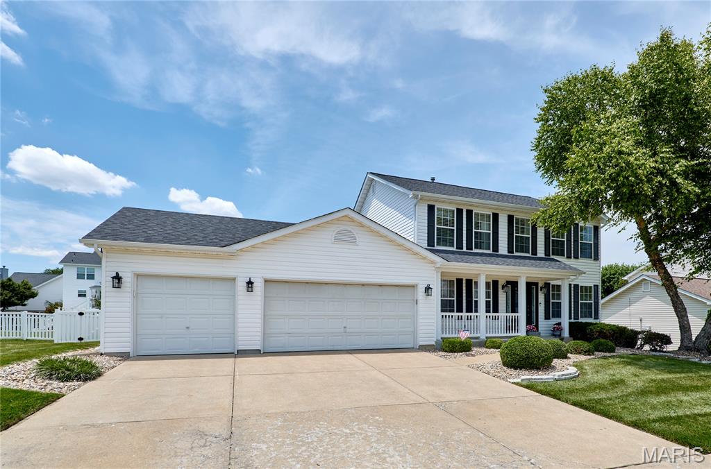 Turnkey Entertainer’s Dream on a Quiet Cul-de-Sac! Located in the award-winning Fort Zumwalt School District, this stunning 2-story home offers a private backyard oasis featuring a 13k-gal fiberglass pool, composite deck, and concrete patio. Inside, an elegant foyer with LVP flooring leads to a home office and formal dining room. The main floor boasts a gourmet kitchen with a center island and a family room with a cozy wood-burning fireplace. Upstairs features a spacious primary retreat with a walk-in closet and en suite (double vanity, separate tub/shower), plus 3 additional large bedrooms. The finished lower level adds incredible value with 2 sleeping rooms and a massive flex/game room. Top it off with a spacious 3-car garage! Unbeatable location close to I-70, shopping, dining, and walking distance to CarShield Field, Ozzie Smith Sports Complex, and Westhoff Park. Make sure you review the premium updates list—this one won’t last!
