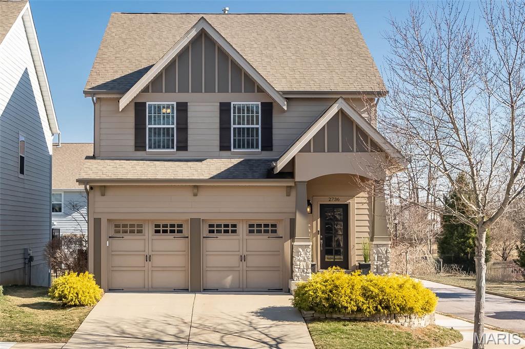 Amazing buyers' incentives approved! Seller is offering $5,000 toward closing costs as well as a $7,000 credit toward flooring replacement on the main level!  Sophisticated design, maintenance-free lifestyle and an ideal location in Wildwood's Town Square area--what more could you want? This stunning, move-in ready McBride-built home in the Rockwood School District features a wonderful open floorplan, lovely Craftsman-style architectural details and loads of natural light. The welcoming foyer leads to an open great room with 9-foot ceilings and large windows. A quartz-topped  island separates the kitchen, with newer backsplash, 42" custom cabinetry, designer corbels and stainless appliances. The separate dining room features arched doorway, lovely columns, a tray ceiling and looks out at the lovely cedar deck and level backyard--just made for entertaining! A newly-updated laundry includes gorgeous custom cabinets. Upstairs, the large primary suite is a welcome retreat, with tray ceiling, walk-in closet and updated bathroom with soaking tub, separate shower and custom storage. Two additional bedrooms boast walk-in closets, with newer carpeting throughout the second level, and  a hall bathroom nearby. The lower level is ready to be finished; with egress windows, roughed-in plumbing for a bath, and ample space for rec room/media room, office or additional sleeping quarters. An oversized 2-car garage and newer HVAC complete this wonderful property, located on a quiet cul-de-sac across from common ground. Best of all, Grover Crossing offers convenient, maintenance-free living--all exterior maintenance, including the roof and landscaping are the responsibility of the HOA. Wildwood's Town Square community offers ever-expanding retail and restaurants just a short walk away, and the nearby Rockwood Reservation wildlife conservation park puts trails and bike paths at your fingertips!