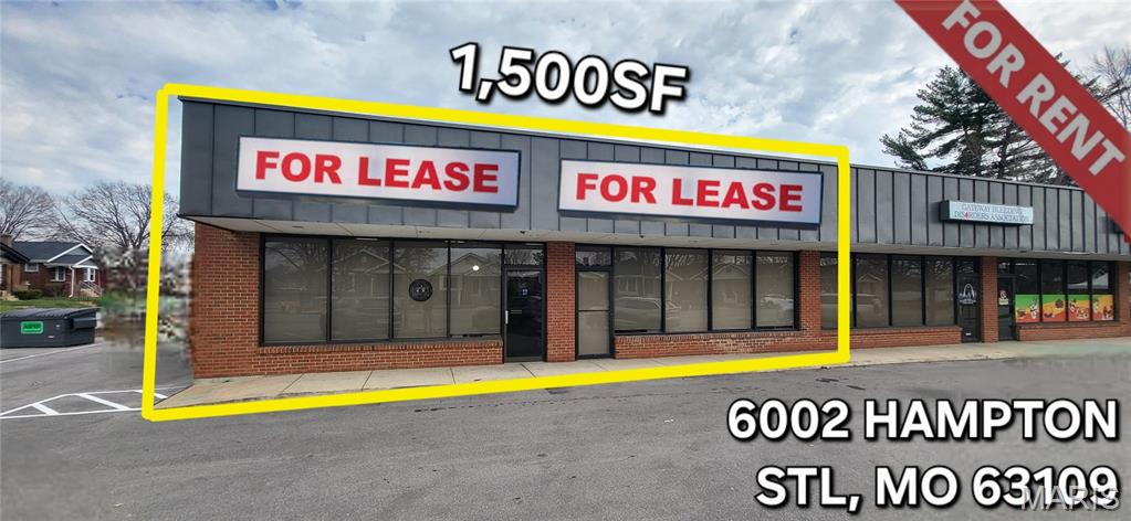 1,500 SF retail/office space available for lease immediately! Former salon space with ample electric and plumbing. Brand new kitchenette and ADA compliant restroom. Prime South City location on corner lot along high traffic commercial corridor of S. Hampton Avenue (just north of Loughborough). Landlord willing to build out desired interior floorplan to accommodate any/all uses. Perfect for small office/retail storefront, however, could easily be converted to accommodate a single tenant user interested in the entire building. Additional property details: Building signage available, two curb cuts providing easy access, paved parking lot with 14+ parking spaces, additional street parking available on Hampton and Finkman, geat exposure and visibility (40,000+/- VPD) and close proximity to Francis Park in St. Louis Hills neighborhood. Too many nearby businesses to mention including Target, Schnucks, Walgreens, Ted Drewes, Salt + Smoke, etc.