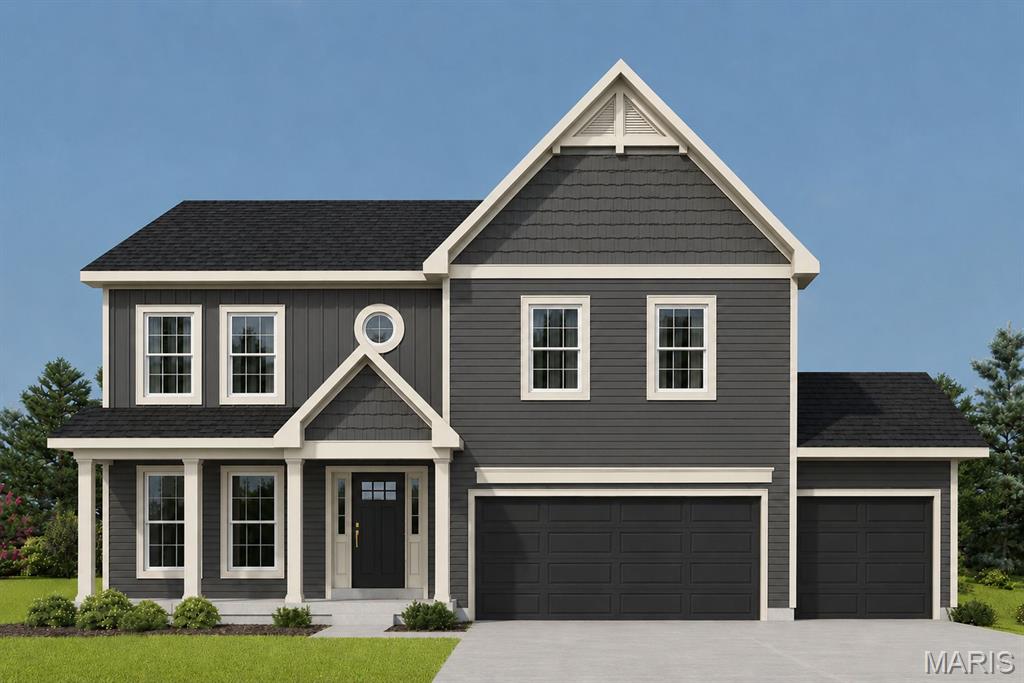 New construction 2-story home by Consort Homes in The Reserve at Lakeview Farms, located in the Francis Howell R-III School District. This traditional-style home offers 2,892 sq ft of living space with 4 bedrooms, 3.5 baths, and a 3-car attached garage. The main level features an open floor plan with a spacious family room highlighted by an electric fireplace and wall of windows, along with a dedicated study, separate dining room, and breakfast area. The kitchen is well-appointed with custom 42" cabinetry with crown molding, soft-close doors, dovetail construction, and full-extension drawers. Quartz countertops and stainless steel gas appliances. Additional features include a center island with breakfast bar seating, walk-in pantry, refrigerator cabinet, and pendant lighting. Upstairs, a versatile bonus room complements four bedrooms, including a spacious primary suite with walk-in closet and private bath featuring double vanity. The second floor also includes a convenient laundry room. Additional highlights include an unfinished lower level with 8' pour and rough-in bath, ready for future finish.