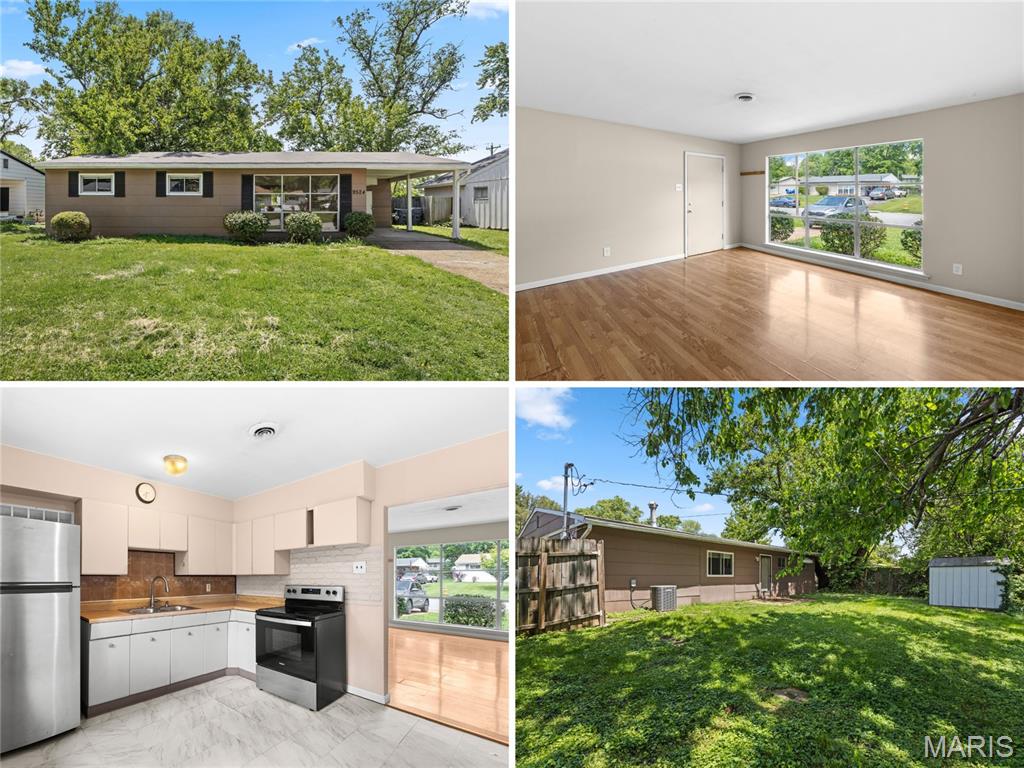 Adorable bungalow ranch - ONE-LEVEL LIVING - ZERO STEPS - with 3 bedrooms and privacy-FENCED BACKYARD. Walking distance to community center, plus 15-ACRE PARK with trail, POOL and playground. Exterior features a newer roof, slip-resistant aggregate driveway, covered entry and oversized carport. Bright living room with triple window and easy-care laminate flooring throughout. Eat-in kitchen with STAINLESS smooth-top stove and convenient adjacent laundry. Bedrooms share hall bath with tub/shower combo, upgraded toilet. Oversized electrical box with space to expand. Quiet backyard with shade trees - ideal for entertaining or relaxation. Double gate allows access for secure RV/boat parking. Bonus storage shed. Easy access to Highways 170/70, just 8 minutes to Lambert Airport. Most daily errands within a mile!