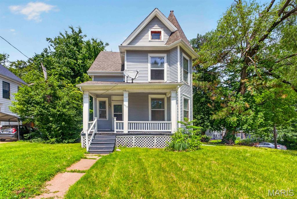Charming turn-of-the-century Queen Anne-style home on a large corner lot in walkable Maplewood. Dramatic nine foot ceilings, covered wood porch. Durable new luxury vinyl plank flooring throughout. Updated kitchen with granite countertops, new cabinets and stainless steel fridge. Two full baths, one on main level and one on second floor. Third floor finished attic space for extra living area. Technically in the city of St. Louis with lower taxes, but just a ten minute walk north to downtown Maplewood and a host of restaurants, coffee shops, grocery stores and shopping.