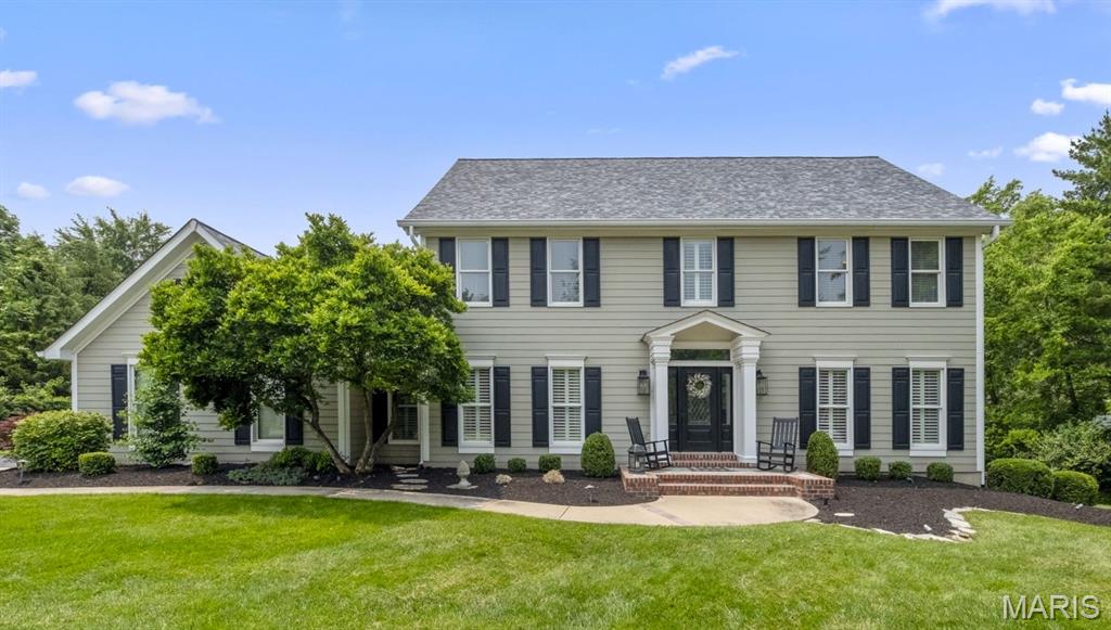 Nestled in one of Chesterfield’s most picturesque neighborhoods-known for its large, wooded lots and peaceful charm-this 4 bedroom, 3.5 bath home combines timeless design with modern convenience. With approximately 4,800 square feet of beautifully finished living space on three levels, you will be amazed at all this home has to offer. 2 story entry foyer, Wood floors throughout the main and upper floors, elegant built-ins, a flowing layout-the Great Room with FP, cozy alcove with bay windows, built-in bookcases, wet bar; Dining Room featuring a show-stopper chandelier; a large office with french doors; an elevated kitchen with a huge center island, granite countertops, stainless steel appliances, gas cooktop, custom cabinetry. Upstairs, find a large primary suite featuring a FP, built-ins, 2 walk-in closets, bath with ‘smart’ features, double vanity, soaking tub, shower. 3 secondary bedrooms with large hall bath. The walk-out LL adds incredible versatility: a large rec space featuring a kitchenette with quartz countertops, a 2nd office, sleeping area, full bath and a climate-controlled wine room-a wine enthusiast’s dream. Smart home technology allows control of climate. Sonos Sound System with Paradigm Speakers. Light Fixtures by Restoration Hardware. Outside enjoy a landscaped fenced yard with two paver patios. Sprinkler system. With thoughtful updates, luxurious touches throughout, this home is for those seeking style, space, and serenity-all in a truly special setting.