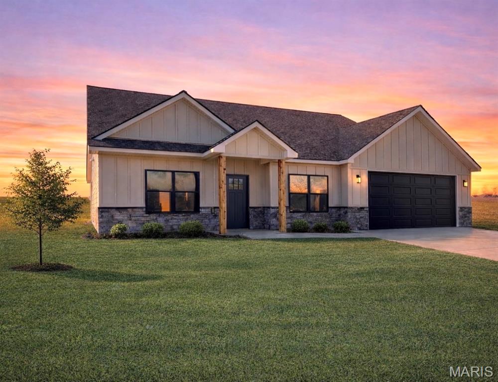 Contemporary new construction home located in one of Hannibal’s newest subdivisions with 3 bedrooms, 2.5 baths, and a yard with fresh sod...Enter in to the home and find vaulted ceilings and and a cozy great room you will feel right at home. The kitchen features sleek quartz countertops and kitchen appliances to convey. Off the kitchen you will find a large pantry and a stamped back covered patio. The primary suite includes a walk-in closet and a LARGE primary bathroom with separate vanities, makeup vanity, soaking tub, and walk in onyx shower. Down the hall there are two more generous sized bedrooms and a common bathroom. Above the two car garage you will find ample about of storage space. Minnow Creek Subdivision is just minutes from Hannibal Regional Hospital and Highway 36. Schedule your private tour today! This home has the ability to have a fourth bedroom right off the living room.