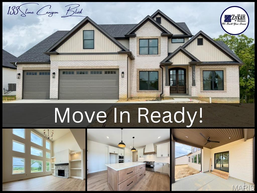 MOVE IN READY!! This thoughtfully designed 1.5-story home offers 4 bedrooms, 3.5 baths, a 3-car garage, and nearly 2,900 square feet of carefully curated living space loaded with upgraded finishes throughout. Enjoy the benefits of a brand-new home without the wait - custom-level finishes and designer selections have already been thoughtfully chosen and included!

The striking exterior combines light brick, stone accents, board and batten details, bronze windows, architectural shingles, and an 8ft mahogany french door for incredible curb appeal. Situated on a premium 0.34acre homesite backing to common ground, the home also includes a covered patio, upgraded landscaping package and irrigation system.

Inside, the open floor plan is highlighted by 9’ ceilings on the main floor, a dramatic 2-story great room with window wall, extensive laminate flooring, upgraded lighting package, spindled staircase, and custom trim details throughout. The great room features a gas fireplace with stone surround and built-in shelving creating a stunning focal point for everyday living and entertaining.

The designer kitchen showcases upgraded cabinetry with contrasting stained island, quartz countertops and full height quartz backsplash, under-cabinet lighting, custom hood surround, oversized island, and upgraded stainless steel Frigidaire Gallery appliances including a 36” gas range, built-in wall oven, built-in microwave, and dishwasher. Stylish black and antique brass lighting selections add warmth and character throughout the home.

The main floor owner’s suite features a tray ceiling, spacious walk-in closet, and luxury bath with dual vanities, freestanding soaking tub, tiled shower with bench, frameless glass enclosure, and enclosed water closet. A dedicated office, laundry room with built-in cubbies, and powder room with custom tiled accent wall complete the main level.

Upstairs offers a spacious loft, three additional bedrooms, and two full baths including a Jack-and-Jill layout with dual sinks. Additional features include ceiling fan prewires, adult height vanities, upgraded tile selections, recessed lighting, smart garage door openers, and basement with egress window and rough-in bath for future finishing opportunities.