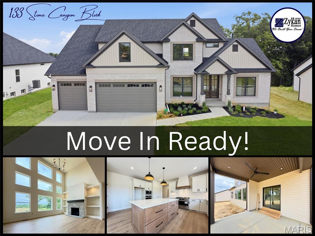 MOVE IN READY!! This thoughtfully designed 1.5-story home offers 4 bedrooms, 3.5 baths, a 3-car garage, and nearly 2,900 square feet of carefully curated living space loaded with upgraded finishes throughout. Enjoy the benefits of a brand-new home without the wait - custom-level finishes and designer selections have already been thoughtfully chosen and included!

The striking exterior combines light brick, stone accents, board and batten details, bronze windows, architectural shingles, and an 8ft mahogany french door for incredible curb appeal. Situated on a premium 0.34acre homesite backing to common ground, the home also includes a covered patio, upgraded landscaping package and irrigation system.

Inside, the open floor plan is highlighted by 9’ ceilings on the main floor, a dramatic 2-story great room with window wall, extensive laminate flooring, upgraded lighting package, spindled staircase, and custom trim details throughout. The great room features a gas fireplace with stone surround and built-in shelving creating a stunning focal point for everyday living and entertaining.

The designer kitchen showcases upgraded cabinetry with contrasting stained island, quartz countertops and full height quartz backsplash, under-cabinet lighting, custom hood surround, oversized island, and upgraded stainless steel Frigidaire Gallery appliances including a 36” gas range, built-in wall oven, built-in microwave, and dishwasher. Stylish black and antique brass lighting selections add warmth and character throughout the home.

The main floor owner’s suite features a tray ceiling, spacious walk-in closet, and luxury bath with dual vanities, freestanding soaking tub, tiled shower with bench, frameless glass enclosure, and enclosed water closet. A dedicated office, laundry room with built-in cubbies, and powder room with custom tiled accent wall complete the main level.

Upstairs offers a spacious loft, three additional bedrooms, and two full baths including a Jack-and-Jill layout with dual sinks. Additional features include ceiling fan prewires, adult height vanities, upgraded tile selections, recessed lighting, smart garage door openers, and basement with egress window and rough-in bath for future finishing opportunities.