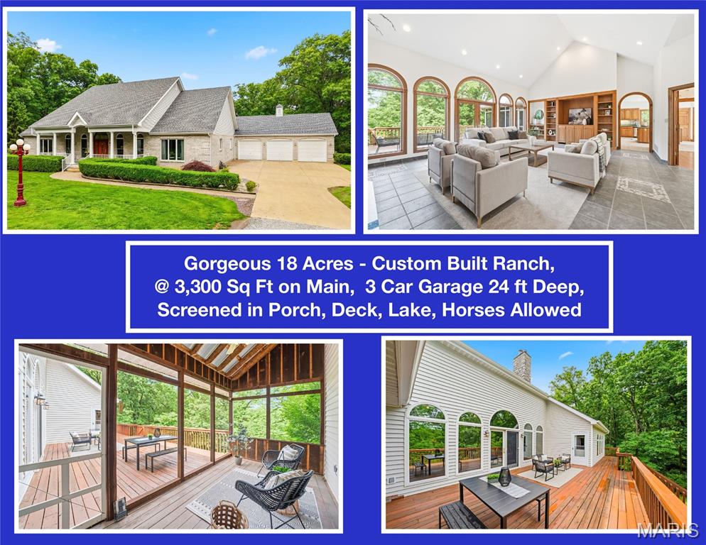 CRAFTSMAN BUILT RANCH HOME, 3,300 sq ft on Main,  Very Private 18 Acre Lot. CAR LOVERS: Oversized 3 Car Garage, that is 48 ft wide x  24 ft deep, 8 ft Garage Doors PLUS 11 ft Garage Ceilings * HORSE LOVERS: St Charles Guidelines Allow ONE HORSE PER ACRE SO 18 HORSES And, WITH NO HOA RESTRICTIONS You Can  Enjoy the Freedom to Design Your On-site Arena and Barn! FISHING ENTHUSIASTS: Private 1/2 ACRE Lake Right On-site with Fabulous Fishing  * HUGE Rooms Throughout * MASTER BEDROOM Large enough for In-room Nursery. 2nd Bedroom is the size of 2nd Master, 3rd Large Sleeping Room/Office on Main. Walk-Out Lower level HAS 3,300 add’l square footage that is Ready for your Finishing Touches for Multi-generational Living with Private Entrance With Space for 2 Additional Bedrooms with REAL Windows.  FABULOUS CONSTRUCTION includes 6 Inch Walls, New Roof * 3 Hot Water Heaters * Screened in Porch * Expansive  Deck * Concrete Entry Ramp for Easy Access * Self Sustainable Living! Geothermal heat and cooling, private septic and well, plus wood-burning stove for back-up heat as well.  SUPER LOW Electric Bill Last Month was $154!   Enjoy NO HOA!  Checkout the Photos of the Dry Creek Waterfall  * Top rated schools and just seven minutes to Highway 70! Close to hospitals, shopping, parks, and schools! Qualified Buyers Please Call today for a private property tour with All Terrain Vehicle!