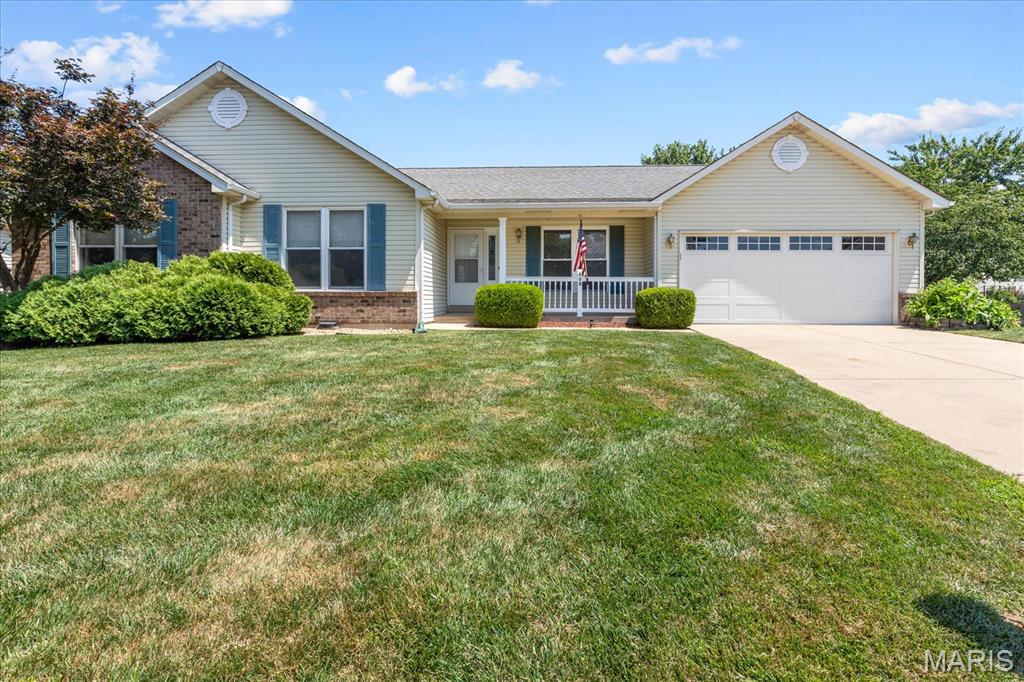 Conveniently located in St Peters just minutes from HWY 70 this gorgeous Ranch sits on a cut-de-sac with newer roof, vinyl fenced back yard and 2 car oversized garage for starters.  Walk up the large drive and enter to a ceramic tile entry to find a very clean freshly painted home thru out.  Start with a separate dining room for casual or elegant entertaining your choice.  Newly installed Tobacco Acacia Wood flooring and continues into Great room and Kitchen.  Oversized Great room has wood burning fireplace and access to back patio.  Kitchen has tons of counter space.  Kitchen appliances stay.  Huge main floor laundry off kitchen with door to garage.  All bedrooms have new carpeting.  Primary bedroom elegantly displays tray ceiling and large bay window.  Gorgeous ensuite is equipped with double sink, jetted tub, and custom tile shower.  2nd and 3rd bedrooms with ceiling fans and large closets complete the main floor.   Stairs to lower level tucked away in kitchen and guide you to a huge recreation room, tile flooring, newly installed vinyl flooring, and wet bar.  Office/sleeping room and 3rd bath with shower completes the lower level.  So much room in the large back yard to entertain/play.  Retractable awning provides shade when needed.  A home you won't want to miss.  This is a place you can walk-in, put your feet up and you know you are home.