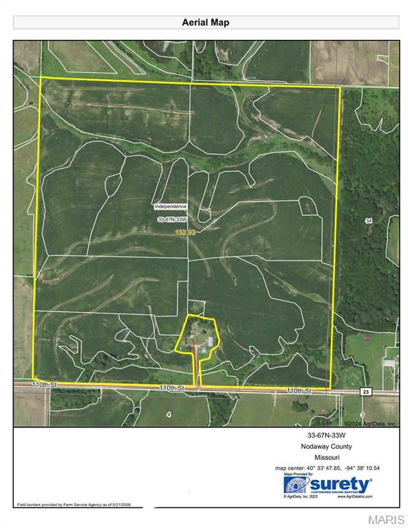 157 ac Nodaway County, Missouri. Currently in row crop production/ 136.73 FSA acres. The current farm lease expires 2/28/2026. Terrace improvement completed 2021. Has 2 grain bins. Priced at $6950 per acre.