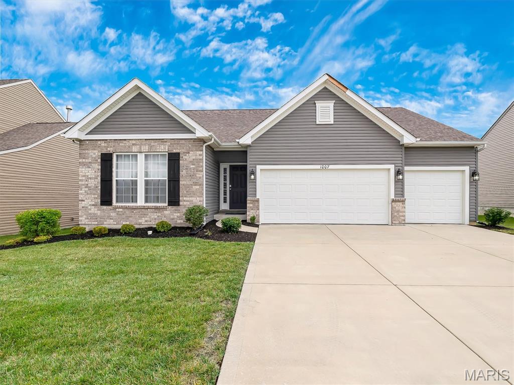 Welcome to this beautifully maintained, 4-year-young Rolwes-built RANCH, where quality craftsmanship, stylish finishes, and easy living come together seamlessly. This move-in-ready home offers nearly 3,000 SF of finished living space with an open floor plan, soaring vaulted ceilings, and abundant natural light! 
Chef-inspired Kitchen features granite countertops, stainless steel Whirlpool appliances ( including refrigerator) , Gas range, walk-in pantry, modern crisp white cabinetry, and oversized center eat-in island perfect for gathering and entertaining. Spacious Primary Suite includes dual vanities, a soaking tub, separate shower, and large walk-in closet. Two additional bedrooms and a full bath offer flexibility for family, guests, or your home office. The finished lower level expands your living space with a large Family room ready for movie nights, game days, fitness space, or entertaining. You'll also find a 4th bedroom with a walk-in closet and a 3rd full bath, making it ideal for guests or multi-generational living!
Additional highlights include main-floor Laundry/Mud room, built-in Pest Shield system, wired CAT5 security cameras, enhanced Wi-Fi with wireless access point and hard-lined ethernet connection, PLUS oversized 3-car garage. Enjoy nearby walking trails, sidewalks, maintained common ground, shopping, dining, and access to the highly rated Wentzville School District. Beautifully maintained, thoughtfully upgraded, and truly move-in ready—just bring your furniture and start making memories!