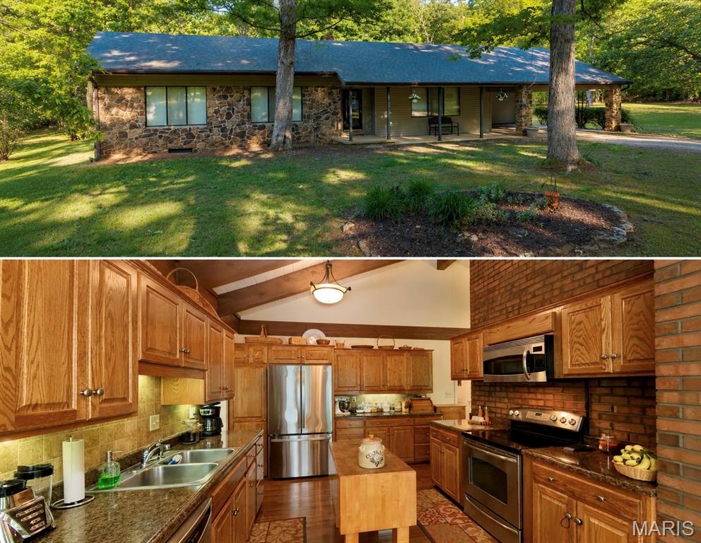 4 Bedroom, 2 Bath over 4,000 sq ft on 36+ acres. Howell Valley School District. Geothermal heating and air. The kitchen/Den area has a vaulted ceiling with a wood-burning brick fireplace. Walks out to the deck. Beautiful Custom Kitchen. Eat-In Kitchen and Formal Dining Room. Lots of built-in shelving throughout that stays. Whole-house generator. Security System. Just off the blacktop. The property has an abundance of wildlife and trails. Close to downtown.  Approx. 10 minutes to OHC.