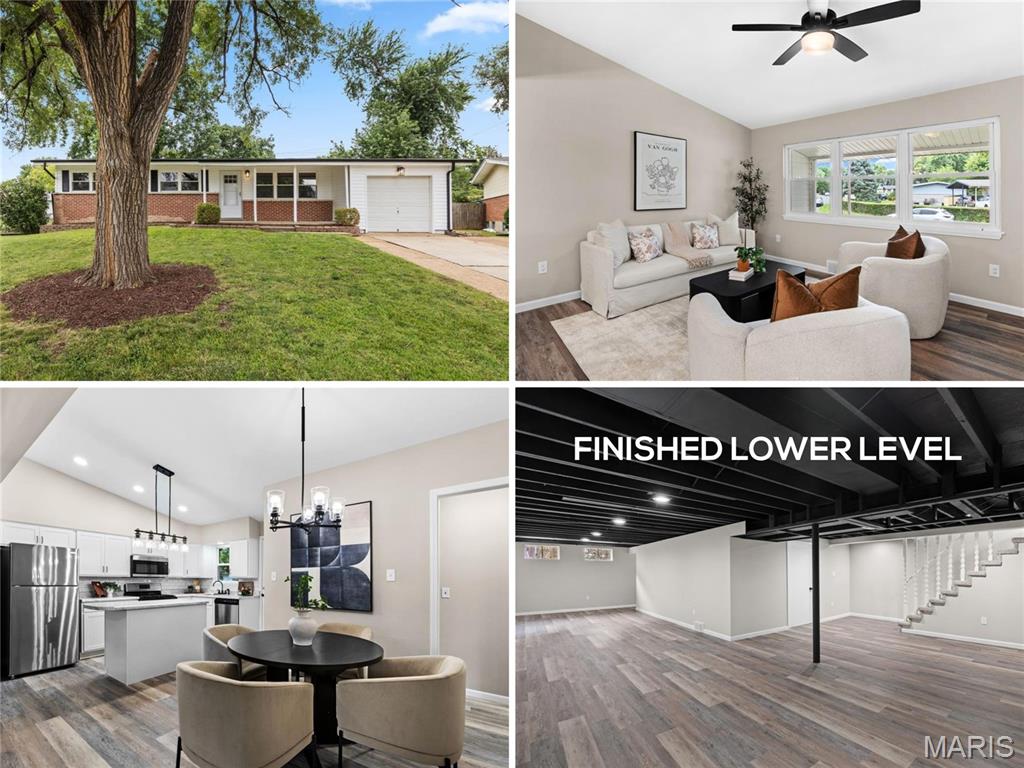 Gorgeous renovated VAULTED OPEN PLAN ranch with garage, upscale finishes and big fenced backyard, in WALKABLE LOCATION near parks, shops and restaurants. Updated curb appeal with brick detail, NEW vinyl siding, NEW architectural shingle roof, covered front porch, NEW coach lights, attached garage, plus OVERSIZED PARKING pad. Bright vaulted living room with triple window, open to dining room. NEW water-resistant LUXURY VINYL PLANK flooring and white 6-panel doors throughout. Incredible NEW kitchen with high ceilings, white shaker cabinets, subway tile backsplash, STAINLESS appliances, upgraded gas range, microwave hood, dishwasher, refrigerator stays and CENTER ISLAND - ideal for gatherings. Relaxing primary suite with private bath, updated subway tiled tub/shower combo. Secondary bedrooms share hall bath with updated subway tiled tub/shower combo. Downstairs flexible rec room, half bath, laundry and GENEROUS STORAGE. Washer included as displayed. Step out to EXPANDED COVERED PATIO overlooking large backyard with FIRE PIT - plenty of space to garden, relax and entertain. NEW plumbing. NEW electric. Convenient mud room off garage. Close to St Ferdinand Park and Bangert Park including pool, playgrounds, lake, fishing, sports and events. Near Highways 67/270 with most daily errands within a mile.