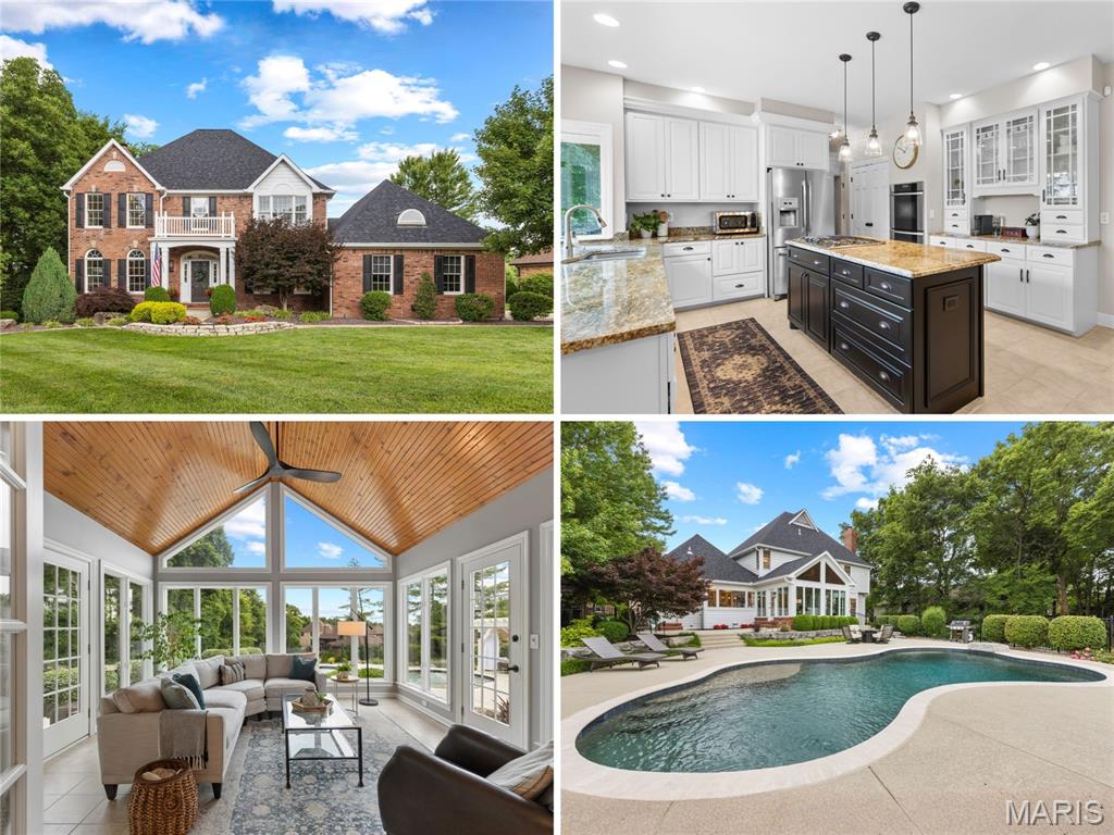 Stunning 2-story offers COMFORT AND LUXURY with finished walkout lower level, sunroom and RESORT-STYLE POOL with cabana - situated on OVER HALF ACRE near Wapelhorst Park. Stately CURB APPEAL with full brick front, portico entry, professional landscaping and side-entry OVERSIZED GARAGE. Soaring 2-story foyer with transom and iron-spindled "T" staircase. Columned entrance to sitting room with French doors, arched windows, crown molding, and built-in sound speakers. Timeless WOOD FLOORING throughout. FORMAL DINING room for holiday gatherings. IMPRESSIVE GREAT ROOM with 5-window bay, full-brick gas fireplace, built-ins and patio access. CUSTOM KITCHEN with 42" raised-panel cabinets, gorgeous GRANITE counters, center island bar, high-end stainless appliances, double oven, gas cooktop and durable ceramic tile flooring. Breakfast room with French doors to amazing all-season SUNROOM with wood plank vaulted ceiling and dual access to patio. Upscale textured concrete multi-level patio surrounding GUNITE POOL, plus CABANA sitting area, lush landscaping and security fence. Upstairs spa-like primary suite with walk-in closet, SLIPPER TUB, custom dual vanity and step-in shower. Secondary bedrooms share hall bath with tub/shower combo. Downstairs GUEST QUARTERS with rec room, wet bar, bonus/sleeping room, full bath and walkout to backyard. Super CONVENIENT LOCATION with most daily errands within a mile. Just 5 minutes to 120-acre Bogey Hills Country Club. Near Highways 94/364/70 in award-winning school district.