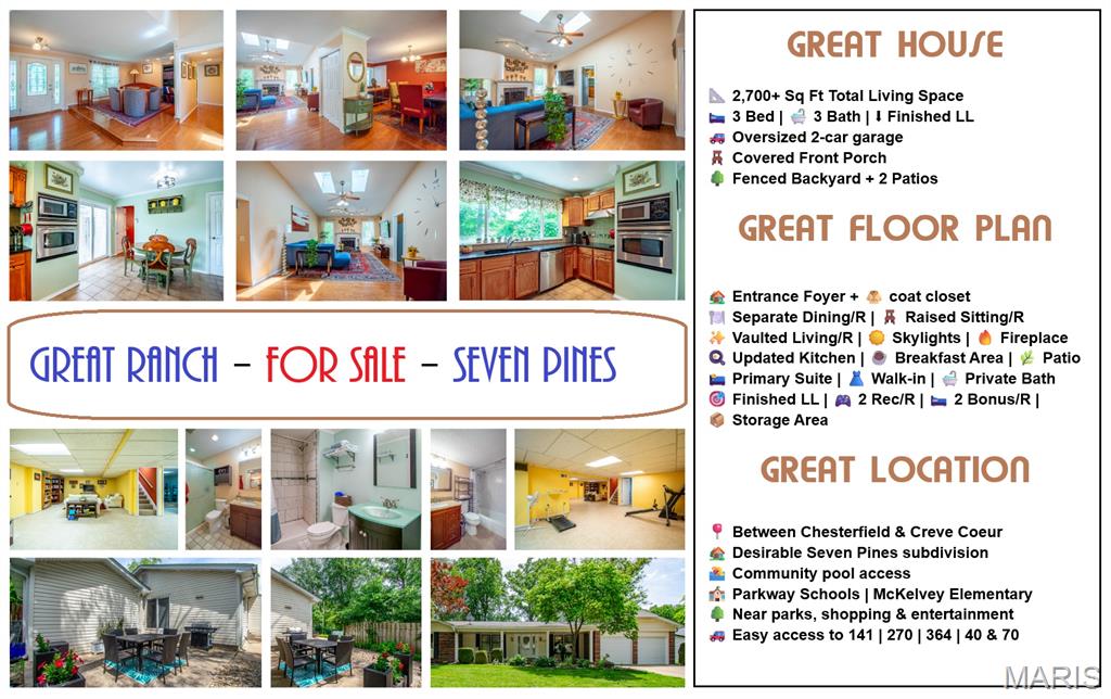 Exceptional ranch-style home in the highly desirable Seven Pines subdivision! Offering over 2,700 square feet of finished living space, this beautifully maintained 3-bedroom, 3-bath, and an oversized finished 2-car garage residence sits in a prime location with easy access to Highways 141 | 270 | 364 | 40 & 70, and just minutes from shopping, dining, entertainment, parks, and top-rated Parkway North schools (McKelvey Elementary).

The open floor plan welcomes you with a large foyer and coat closet leading into a stunning vaulted living room with skylights, hardwood flooring, track lighting, a ceiling fan, and a wood-burning fireplace flanked by windows that fill the space with natural light. A separate formal dining room and raised sitting room (both with crown moldings and hardwood floors) provide additional living and entertaining space. The gourmet kitchen with breakfast area shines with granite countertops, stainless steel appliances, ceramic tile backsplash, deep sink, wall oven and microwave, pantry, large window, and a sliding glass door leading to a private side patio - perfect for al fresco dining.
The main level offers three generously sized bedrooms and two renovated full bathrooms. The primary bedroom includes a walk-in closet with organizers, a powder area, and a private full bath with a shower. The remaining bedrooms are spacious; one is currently used as a home office and shares access to the updated guest bath. All main-level doors are six-panel style, and several windows have been replaced with new vinyl windows.
The finished lower level is an entertainer’s and hobbyist’s dream, featuring two recreation rooms — one with a dry bar and the other ideal for exercise — plus two bonus rooms with closets (one with a large closet, both previously used as sleeping quarters). A cedar closet, beautifully remodeled full bathroom with shower, and a large utility/laundry room with built-in shelving and ample storage complete the lower level.
Outside, you’ll enjoy a large, fenced backyard, covered front porch, and two patios (side and back). The oversized two-car garage is fully finished for extra storage or workspace.
This move-in-ready home combines classic charm, thoughtful updates, and a fantastic location with community pool access. Don’t miss this opportunity — schedule your private showing today!