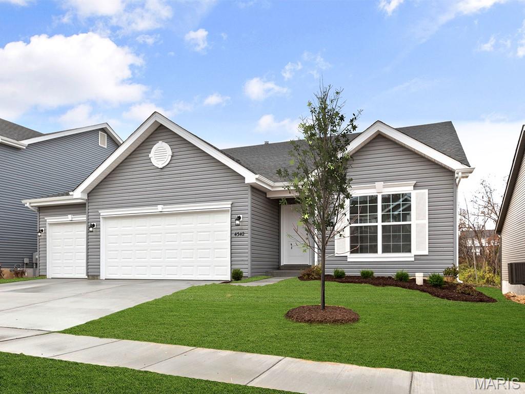 New McBride Homes Maple Expanded ranch 3BR, 2BA, ready this winter! This home has a 3-CAR GARAGE, open floor plan w/vaulted ceilings, living rm w/ceiling fan, 6’ windows, & wood laminate flooring in the main living area. The kitchen has Landen Burlap 42” cabinets, lg center sq. island w/breakfast bar, quartz countertops, & stainless GE appliances. The master suite has a ceiling fan, walk in closet, & private bathroom w/a corner tub w/window, shower w/seat, dual vanities, & private toilet rm. 2 more BRs w/ceiling fan prewires, 2nd full bath, & main floor laundry add convenience. Upgrades: matte black plumbing/lighting fixtures, 2 panel interior doors, garage coachlights, LL ¾ bath rough-in & more. Regal Pines offers beautiful new homes in Ellisville with convenient access to shopping, dining, parks, and major highways for easy commuting throughout St. Louis County. Enjoy peace of mind with McBride Homes’ 10 year builders warranty & incredible customer service! Similar photos shown.