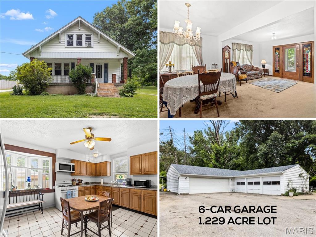 Absolutely charming 1.5-story bungalow on quiet 1.22 ACRE LOT, featuring 6-CAR GARAGE with office and bath. Historic Craftsman architecture with deep covered front porch, brick detail, low-maintenance vinyl siding and NEWER ROOF. Wood entry door, inset with stained glass. Bright living room with HARDWOOD FLOORING and breezy ceiling fan. Kitchen with generous cabinets, built-ins, gas cooking, ceramic tile and formal dining room. Main-level bedroom with hardwood, and full hall bath. Upstairs 3 more bedrooms with mansard ceilings and plush carpet. Downstairs laundry and generous storage area. Step out to ENCLOSED PATIO, overlooking peaceful wooded backyard - ideal for entertaining. Incredible L-shaped 6-car detached garage, finished with ceramic tile, office and 2nd bathroom. Beautiful acreage (this lot is 6x larger than area average) for gardening and relaxation. Unincorporated area with few restrictions. Close to 245-acre SPANISH LAKE PARK with playgrounds, fishing, trails, pickleball, sports and more. 425-acre safari and conservation center scheduled to open 2027. Near Highways 270/367 with most daily errands within a mile.