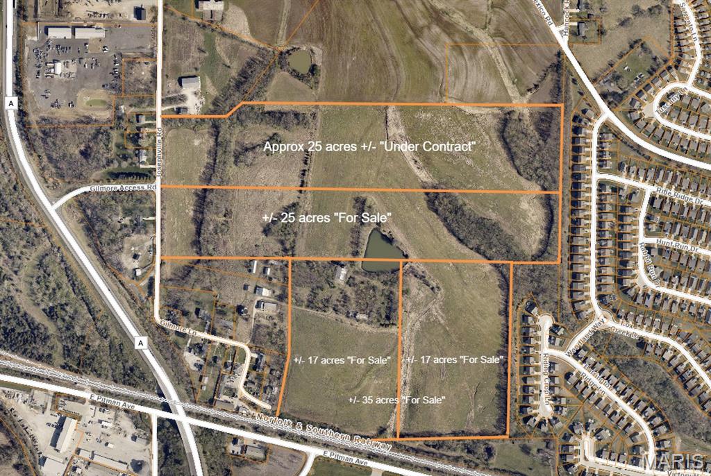 Approximately 35 +/- undeveloped acres (subject to final survey) in Unincorporated St Charles County. Property is located off of Gilmore road off Hwy A, to the North/East of the GM Plant., to the West of Fox Ridge Subdivision, and to the South of acreage purchased by Ameren for their training facility. Pond in center is approx 1.5 acres and is 15-20' deep per owner and stocked with fish. Property is being primarily farmed with no lease in place, Ground is level, some rolling.  The St Charles County Master Plan 2030 has this property as Industrial, Office, Distribution, Warehouses and Manufacturing with secondary uses noted as Supporting Retail or Office Uses. This includes outdoor storage and heavy industry. Any of these uses would require re-zoning approval.  Located at the "Crossroads of the Nation" at the intersection of I-70 and US Highway 61 (I-64) , major access to transportation facilities, convenient hub for transportation and business development. Beside the Norfolk Southern Railroad. Any buildings will be sold in AS-IS condition. All showings must be made by confirmed appointment to access the property. Property may be divided. Also see MLS#26008327 and MLS#26008329