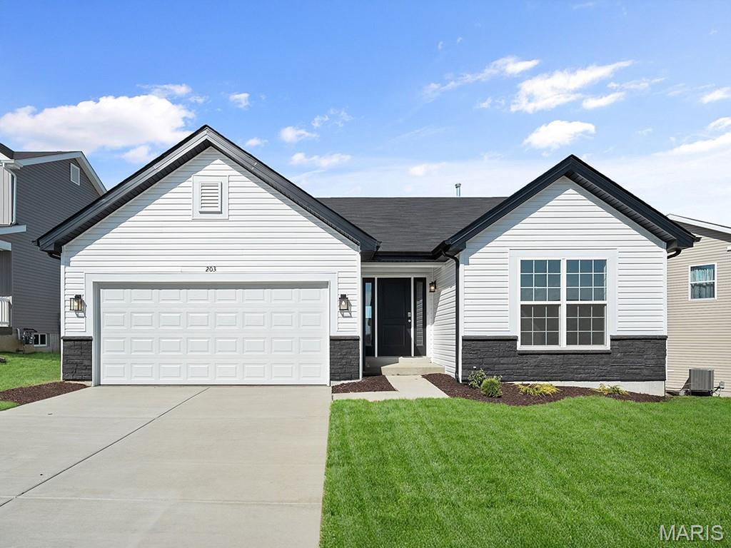 New McBride Homes Aspen ranch 3BR & 2BA will be move-in ready in spring! Enjoy the open floor plan with a vaulted ceiling, a great room with a ceiling fan & wood laminate flooring in the main living area. The kitchen features dark 42” kitchen cabinets, quartz countertops, peninsula w/flush breakfast bar for additional seating, & stainless GE appliances. The master suite has a ceiling fan prewire, walk-in closet, & private master bath includes a vanity w/double sinks & 5’ walk-in shower. 2 extra bedrooms & a full bath add convenience. Extras include 6’ windows, ceiling fan prewires, main floor laundry, garage coach lights, & white 2 panel interior doors throughout. The LL features ¾ bath rough in for a future finish. Located in Eureka near Highway 109/Hwy FF, in the Rockwood School District. Enjoy peace of mind with McBride Homes’ 10 year builders warranty & incredible customer service! Similar photos shown.