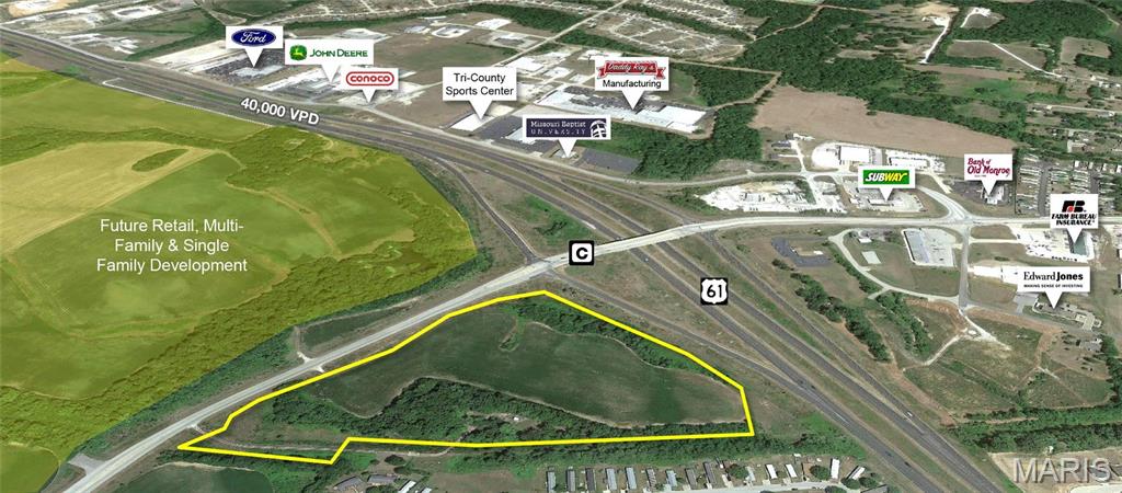 Incredible Commercial Development Opportunity! Prime 17.6+/- Acres at the bustling intersection of Hwy's 61 and C. Moscow Mills, a rapidly expanding city, witnessing remarkable growth along Hwy 61. Sellers may divide.  All utilities readily available, and excellent access to the site. Land rough graded with water detention structures installed. Great site for a gas station, convenience store, fast food restaurant, hotel, or multifamily projects. Don't miss out! Location: City, High Traffic, Hwy/Interstate Frntg