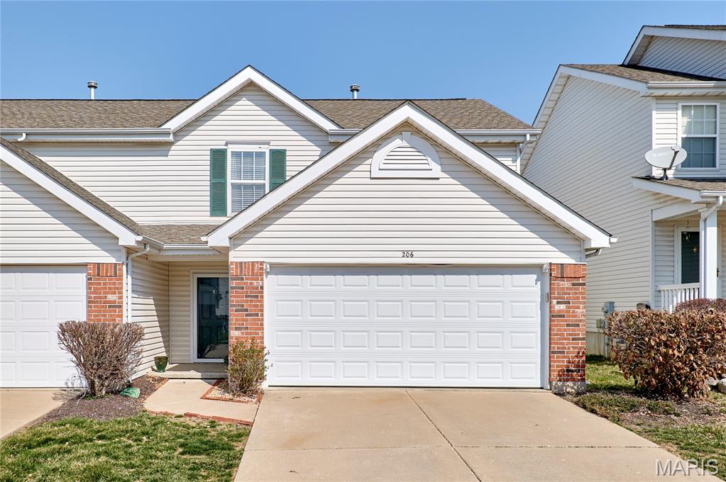Beautiful brick-front villa with an open floor plan in a prime location is waiting for new tenants to call it home! Nestled in a private cul-de-sac, this home offers quick and easy access to highways 364 (Page Extension), 94, and I-70, as well as a variety of shops and restaurants. Step inside to an inviting open-concept kitchen, dining, and family room—perfect for entertaining. The kitchen features updated sink hardware, ample cabinet space, and two pantries for extra storage. Upstairs, you'll find two spacious bedrooms, including a large master suite with an ensuite bath. Both bedrooms offer walk-in closets, and the convenience of an upstairs laundry room makes everyday living easier. The attached two-car garage is equipped with custom cabinets and shelving, providing additional storage solutions. Pets require approval and additional fees. Don’t miss out—schedule your showing today!