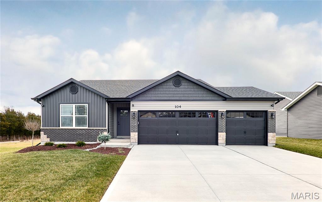 BRAND NEW home with every option you could imagine! They include vaulted ceilings, rounded “bullnose” corners, granite or quartz countertops, stainless steel appliances, 42" cabinets with "cushion close", custom neutral-colored paint job throughout, LVT flooring throughout most of the home, framed windows, taller baseboards, adult-sized cabinets in bathrooms with marble countertops, walk-in closets, upgraded carriage garage doors with openers on 3 CAR Garage, full bath rough-in, panel doors (many varieties), and upgraded water/light fixtures throughout the house! MAIN FLOOR laundry! Fully sodded yard (front/sides/back). *Pictures are of previously built homes. Builder/Broker* This home is USDA eligible.