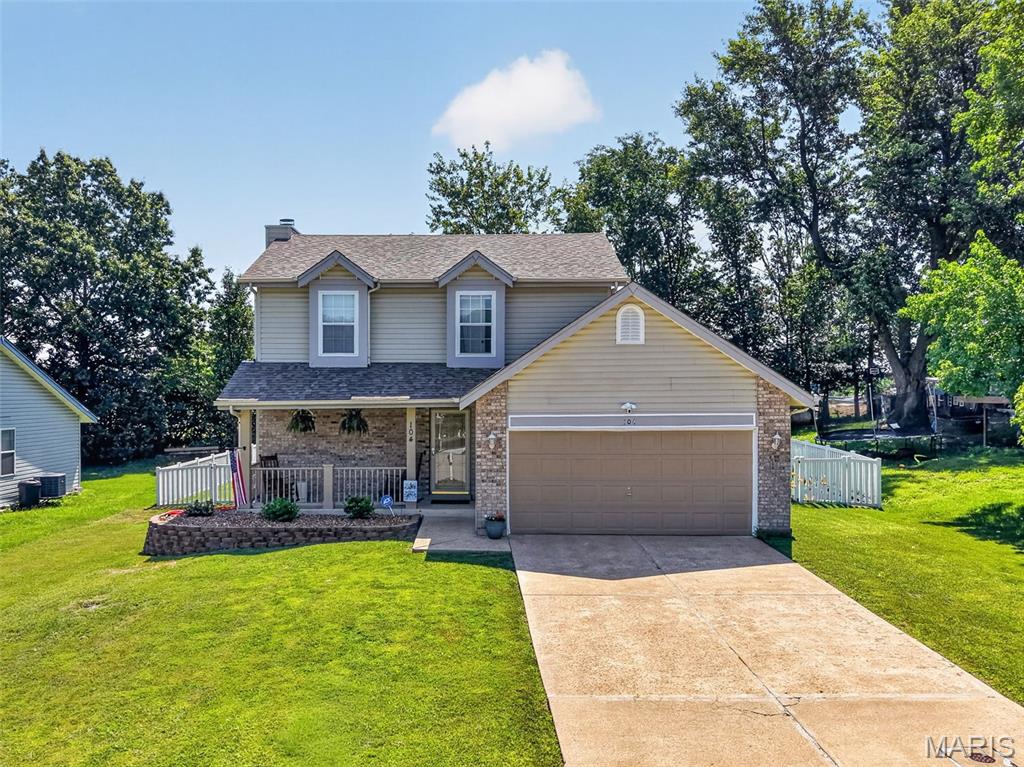 3 bedroom, 2.5 bath, 2-story home in an outstanding Wentzville location! This home offers 1,326 sq ft of finished living space, and sits on a quiet, single street neighborhood with one way in and one way out. The exterior is timeless with brick, vinyl siding, a large covered front porch, architectural shingles, enclosed fascia/soffits and garage coach lights. The level backyard is fully fenced with white vinyl fencing and there is a patio that walks out from the Family Room. The kitchen features stainless steel appliances, smooth top electric range, microwave, pantry and a refrigerator (stays with the home), tile backsplash and a bay window.  The Family Room offers a wood burning fireplace with brick surround, laminate flooring and a sliding glass door that opens to the patio and backyard. The staircase has exposed treads with laminate wood flooring.  The spacious Primary Bedroom Suite offers luxury vinyl plank flooring, full bath with large vanity and dressing table, tub/shower, and a walk-in closet.  There are two additional bedrooms with laminate flooring as well as an updated secondary bath with a raised height vanity and tub/ shower. There is a neighborhood pond with water feature centrally located in the neighborhood that is a short walk away. Students will attend desirable Wentzville schools. This Intimate community is located near shopping, restaurants, services, recreation and has easy access to Hwys 70 and 40/61. Excellent opportunity. Check it out!
