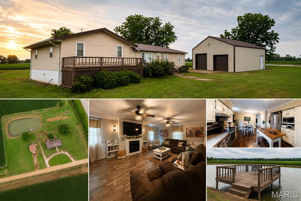 Enjoy the perfect blend of comfort and country living in this well-maintained 3 bedroom, 2 bath home. Inside, you'll find a spacious living room with laminate flooring and a gas log fireplace, a large family room with gas log fireplace, and a kitchen featuring laminate countertops, tile backsplash, abundant cabinet storage, and included appliances. The primary suite offers a tile shower, while the spacious laundry room includes the washer and dryer.
Outside is where this property truly shines. Relax by the stocked catfish pond complete with a fishing dock, or enjoy your hobbies in the detached shop with central heat and air, two overhead doors, and one oversized door for larger equipment or vehicles. An abundance of storage space in basement off located next to the garage area. With multiple living spaces, a climate controlled shop, beautiful outdoor setting, and plenty of room for storage, this property offers something for everyone.