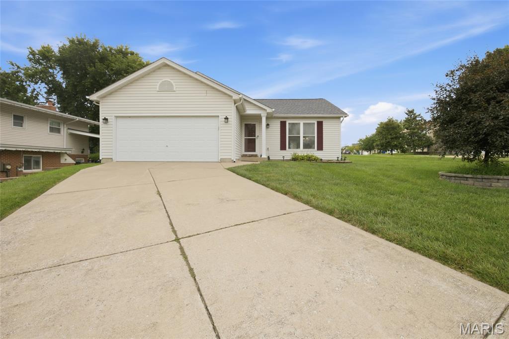 Incredible ranch style home in St Peters! Home is situated on a corner lot just sends from Ft Zumwalt South High School and seconds from Hwy 70! Entering the home a spacious great room with newer flooring and vaulted ceilings greets you! The great room flows to an updated kitchen with ample countertop and cabinet space, and tile backsplash. Access your level lot and patio from your breakfast room and newer patio door. 3 spacious bedrooms and 2 full baths on the main level! Primary suite offers double sinks!  Your home also offers a newer roof, HVAC, and Hot Water Heater all updated in the last 5 years! Once again this home is just seconds from everything 70, the convivences Mid Rivers Mall Drive, and Zumwalt South!