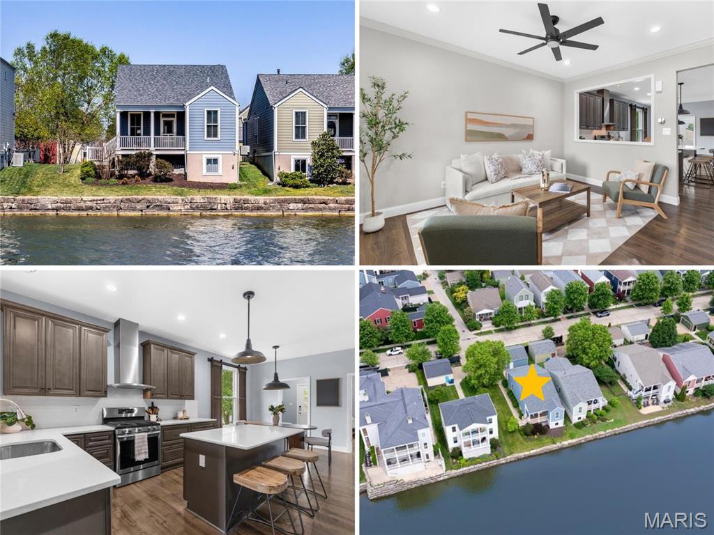 Dreaming of WATERFRONT LIVING in New Town? This open plan ranch features high ceilings, FANTASTIC UPDATES, 2-car detached garage, plus full basement. Classic curb appeal with upscale fiber cement siding, covered entry with glass door and transom window. Covered deck with ceiling fan overlooks peaceful lake. Bright living room with built-in TV, laminate flooring throughout (walnut hardwood underneath). Incredible open-concept kitchen/dining updated with CUSTOM SOFT-CLOSE CABINETS, coffee bar, under-cabinet lighting, QUARTZ counters, STAINLESS APPLIANCES, beverage fridge, gas cooking, vent hood, built-in trash and storage pantry. Pocket door to convenient laundry with cabinets and electric hookups. Updated PRIMARY SUITE with recessed lights, crown molding, WALK-IN CLOSET with organizers, DUAL VANITY, jetted tub and separate shower. Secondary bedrooms feature closet organizers and breezy ceiling fans. Hall bath with GRANITE vanity and tub/shower combo. Downstairs TONS OF STORAGE, plus egress window for easy future finish. Lush lawn with irrigation system. 2 CAR GARAGE with overhead storage, plus shelving. Other important updates include HVAC, roof and water heater. Residents enjoy WORLD-CLASS AMENITIES including: stocked fishing lakes, sandy beaches for swimming/canoeing/kayaking, miles of trails, parks with playground, amphitheater and more! Most errands are within 2 miles. Close to Highways 94/370 in AWARD-WINNING SCHOOL DISTRICT.