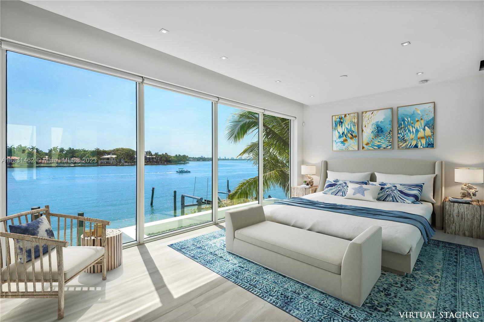 Exceptional opportunity to own a breath taking, pristine Ultra-Modern waterfront masterpiece! This 5 bedroom luxury home boasts over 5000 Sq ft of living area and 53 ft of open water frontage. The exceptionally designed luxurious living space flawlessly connects interior with the exterior. Inside, an incredible living room with striking 20+ ft ceilings, featuring a gourmet kitchen. Italian cabinetry throughout all bathrooms and closets.  Amazing open water views.  Prominent size pool, spa and deck. LED exterior lighting for the lush landscaping. Adore the sunset from your exclusive third floor terrace or master spa bath. This home has it all.  Remarkable for entertaining.